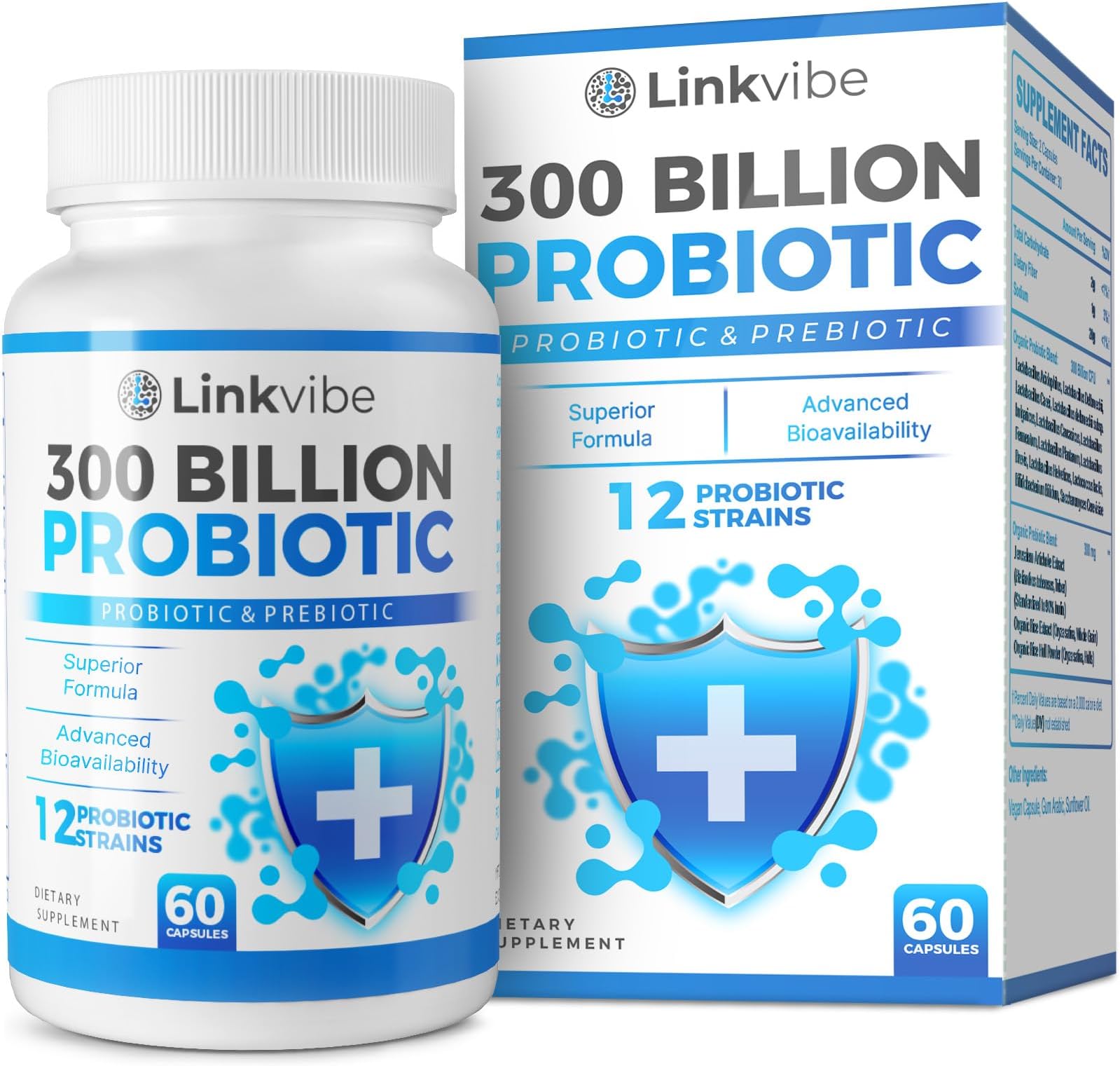 Probiotic 300 Billion CFU - 12 Strains with Organic Prebiotics for Digestive & Gut, Immune, Bloating Health - Probiotics for Women and Men - Daily Dairy Free, Shelf Stable - 60 Counts