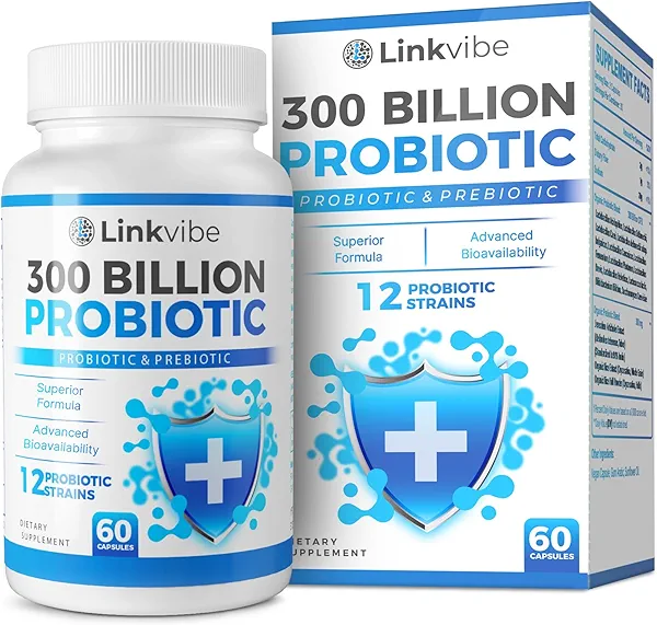 Linkvibe Probiotic 300 Billion CFU - 12 Strains with Organic Prebiotics for Digestive & Gut, Immune, Bloating Health - Probiotics for Women and Men - Daily Dairy Free, Shelf Stable - 60 Counts