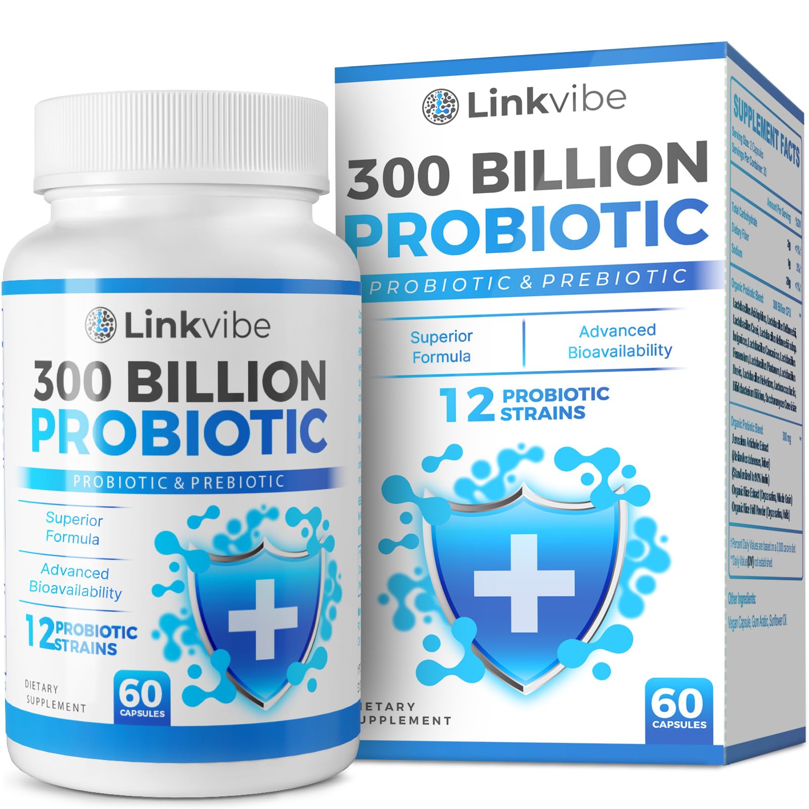 Probiotic 300 Billion CFU - 12 Strains with Organic Prebiotics for Digestive & Gut, Immune, Bloating Health - Probiotics for Women and Men - Daily Dairy Free, Shelf Stable - 60 Counts
