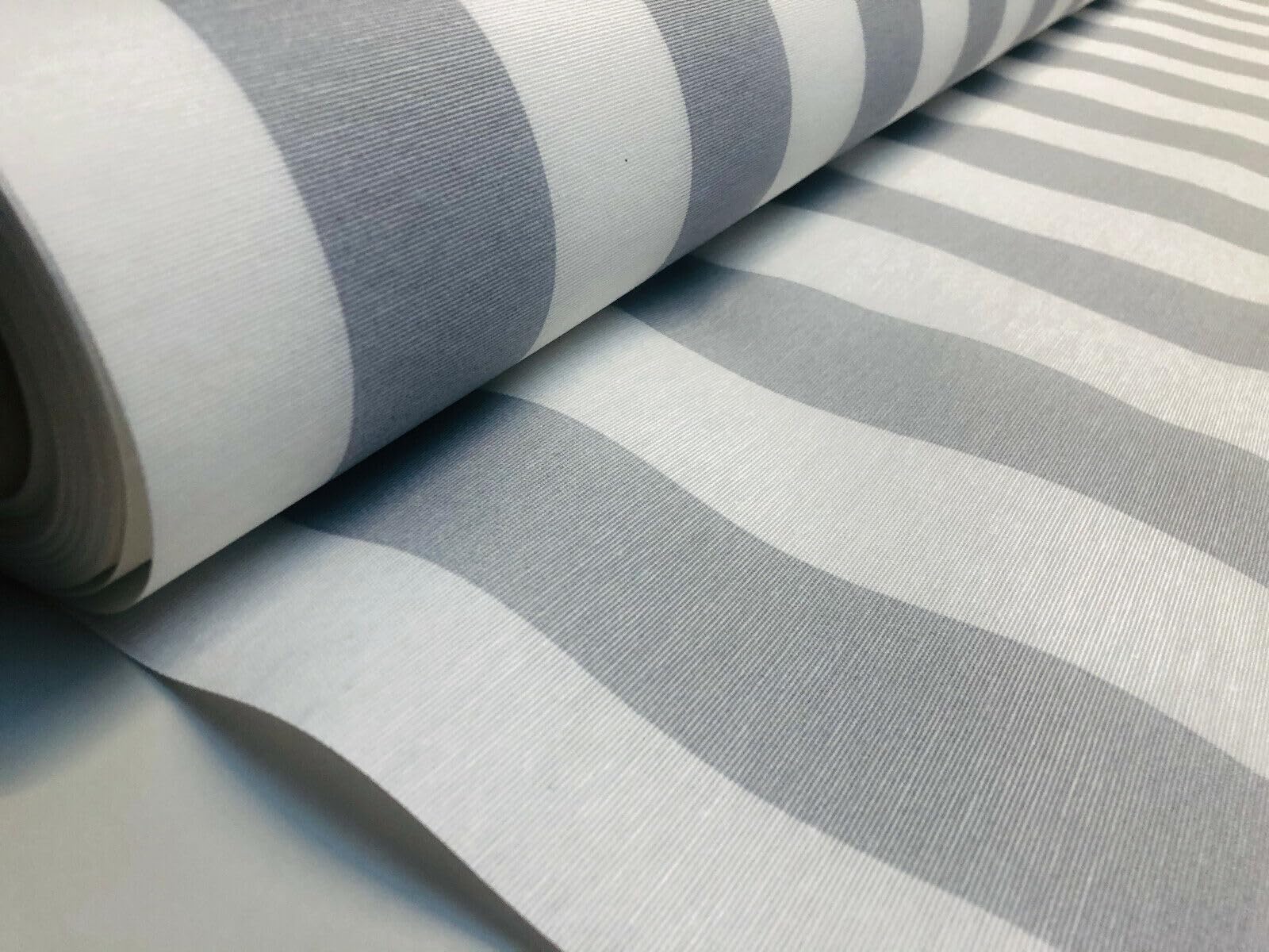 Sofia Stripe Teflon-Coated Outdoor & Indoor Canvas Fabric – Water Resistant, 45mm Stripes – 140cm Wide Material for Cushions, Deck Chairs, Tablecloths, Gazebos, Crafts (Grey & White, 1 Metre)