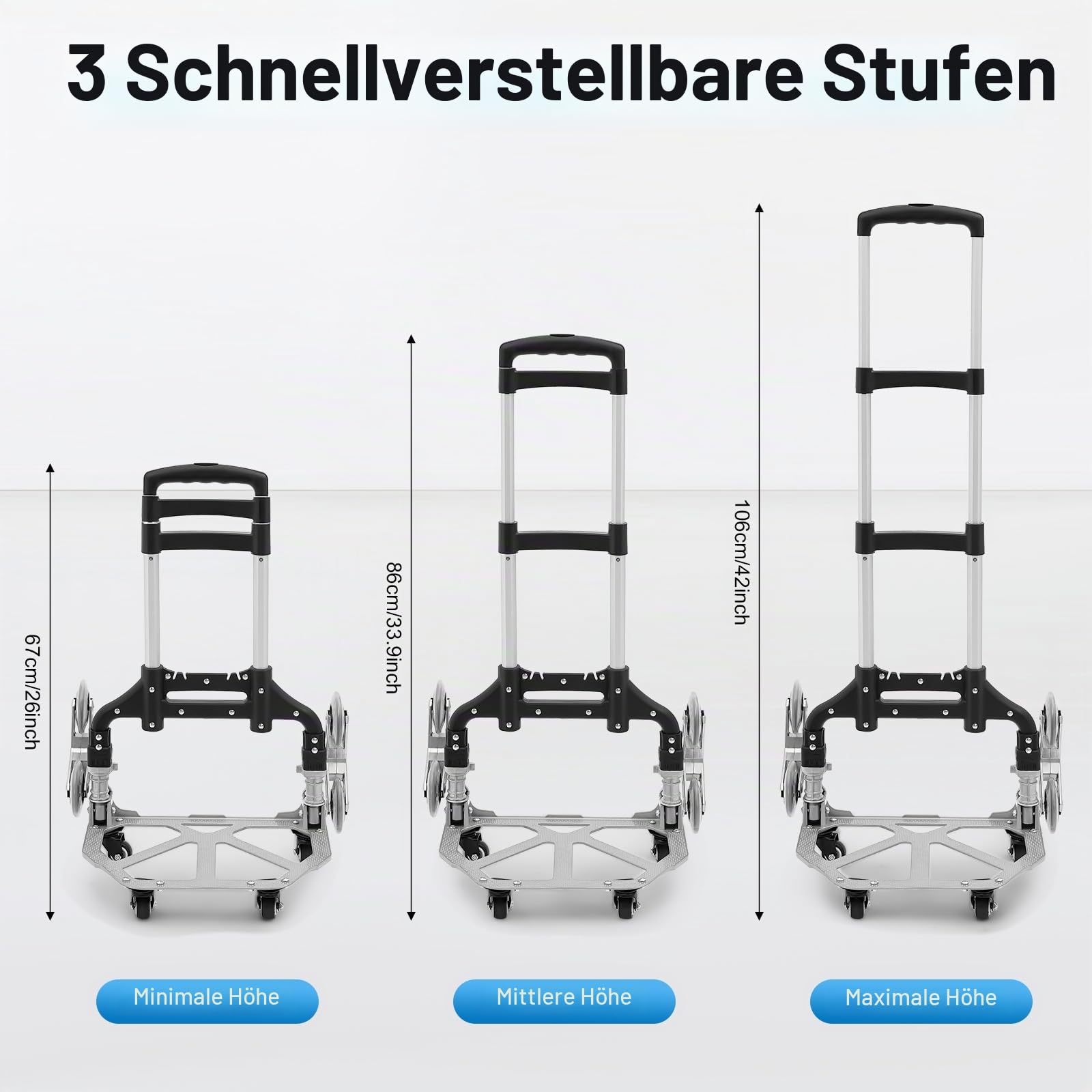 Sackkarre Treppensteiger klappbare Transportkarre mit höhenverstellbarer Griff und Abnehmbarer wasserdichter Tasche 75KG Belastung Einkaufstrolley Einkaufswagen mit 6 Räder (Schwarz)