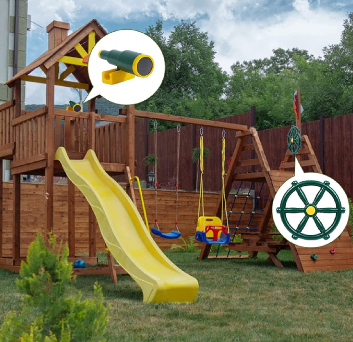 Playground Accessories for Kids, Swingset Attachments with Pirate Ship Wheel, Toy Telescope and Safety Handles，Pirate Accessories for Kids Treehouse (Green 2 PCS)