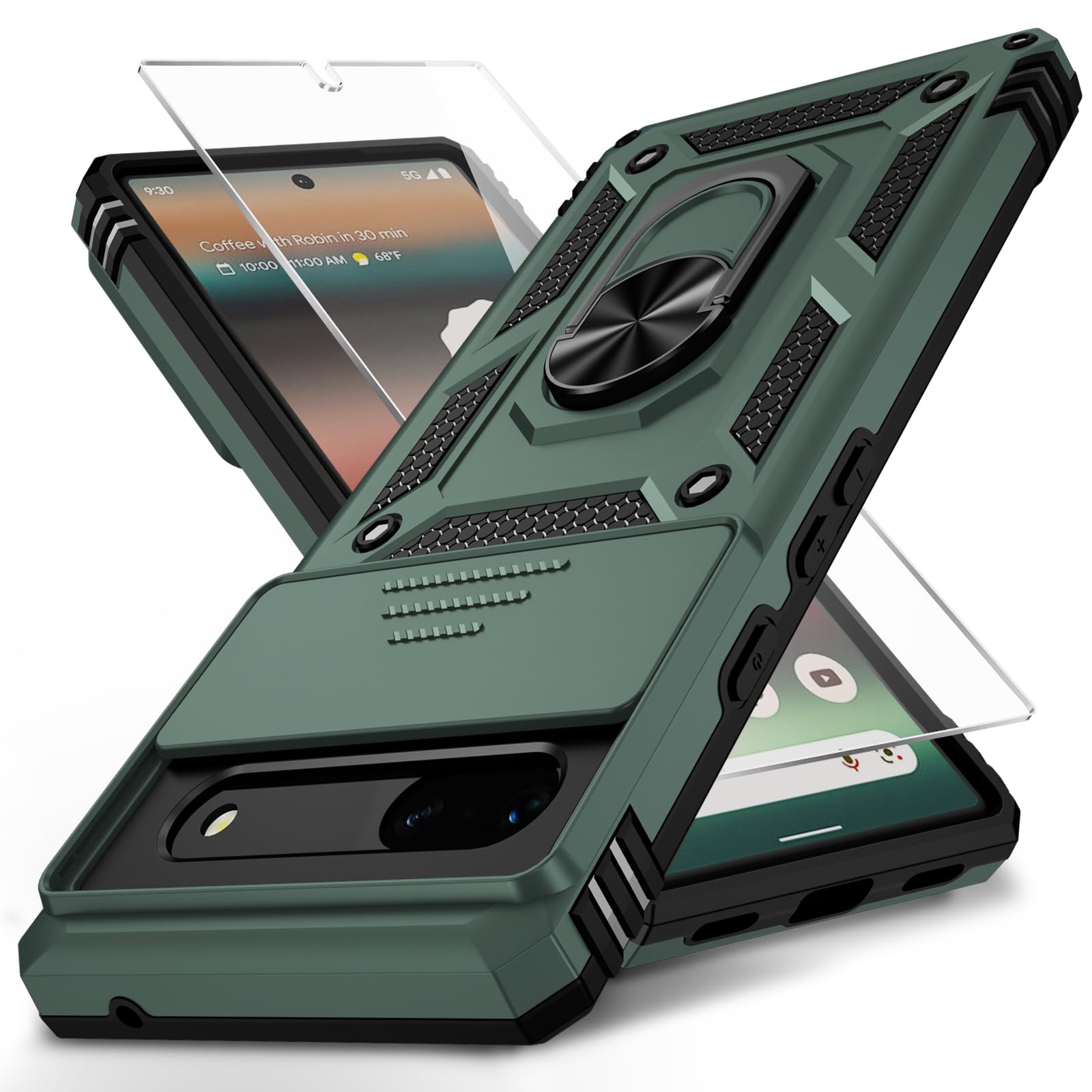 Weycolor for Google Pixel 7 Case with Camera Lens Cover, HD Screen Protector, 10 FT Military Grade Drop Protection, Magnetic Ring Holder Kickstand