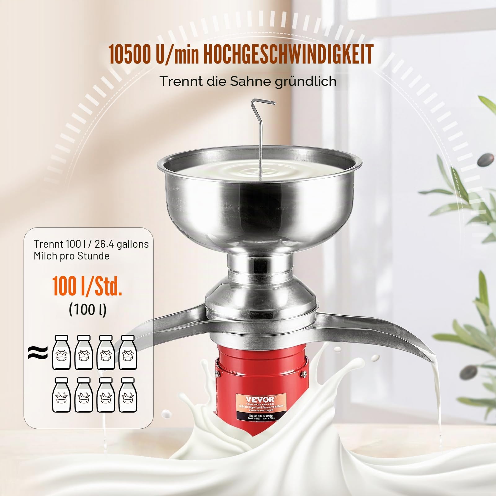 VEVOR Elektrischer Milchabscheider Zentrifugalabscheider 30 W, Milchzentrifuge Separator 100 L/Std. Milchcremetrenner, 10500 U/min Multifunktionale Milchzentrifuge Milchseparator Edelstahl 304