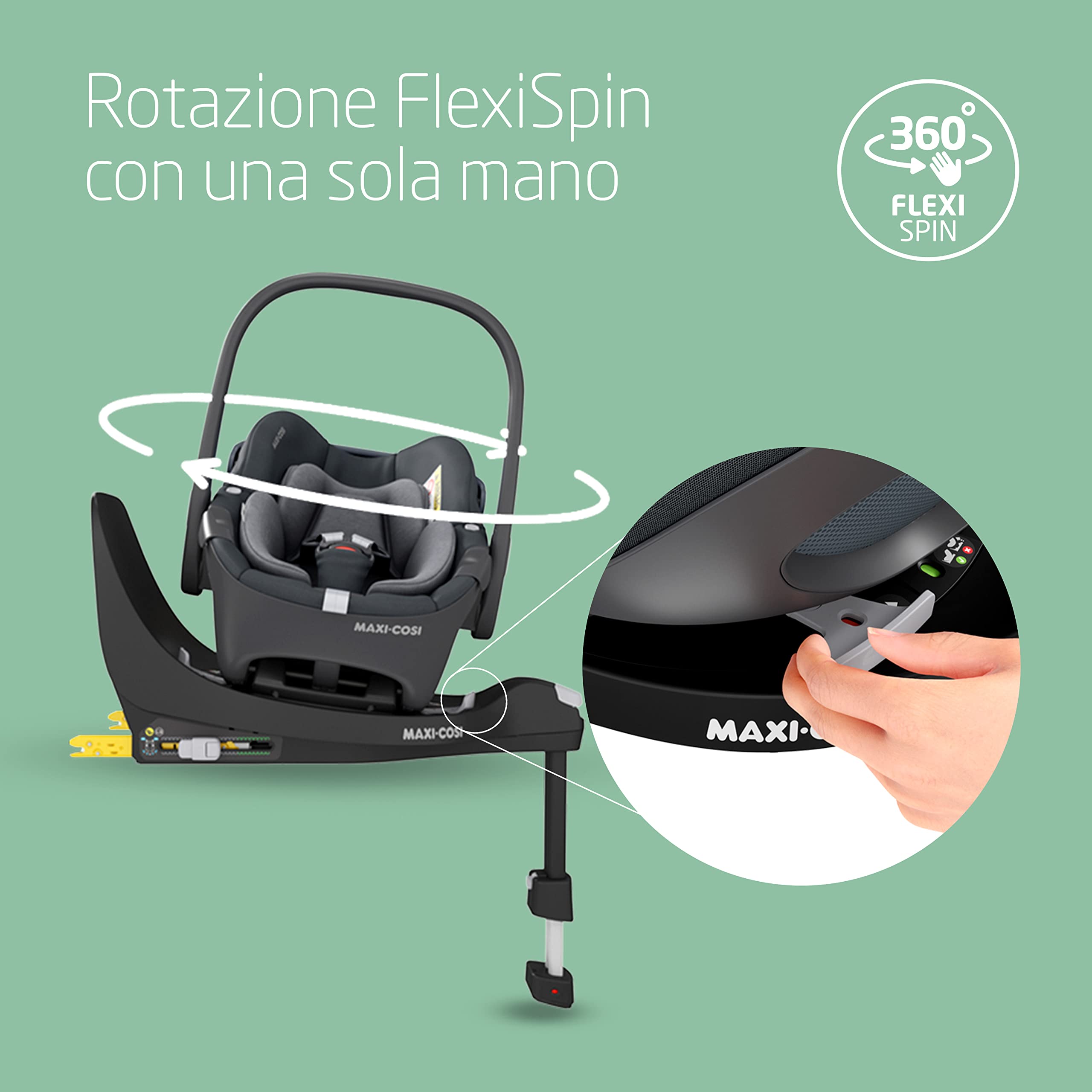 Maxi-Cosi FamilyFix 360 i-Size Base per seggiolino auto girevole, Base ISOFIX girevole a 360°, 0-4 anni (40-105 cm), Rotazione FlexiSpin con una mano, Controllo rotazione TravelSafe, Click & Go, Nero