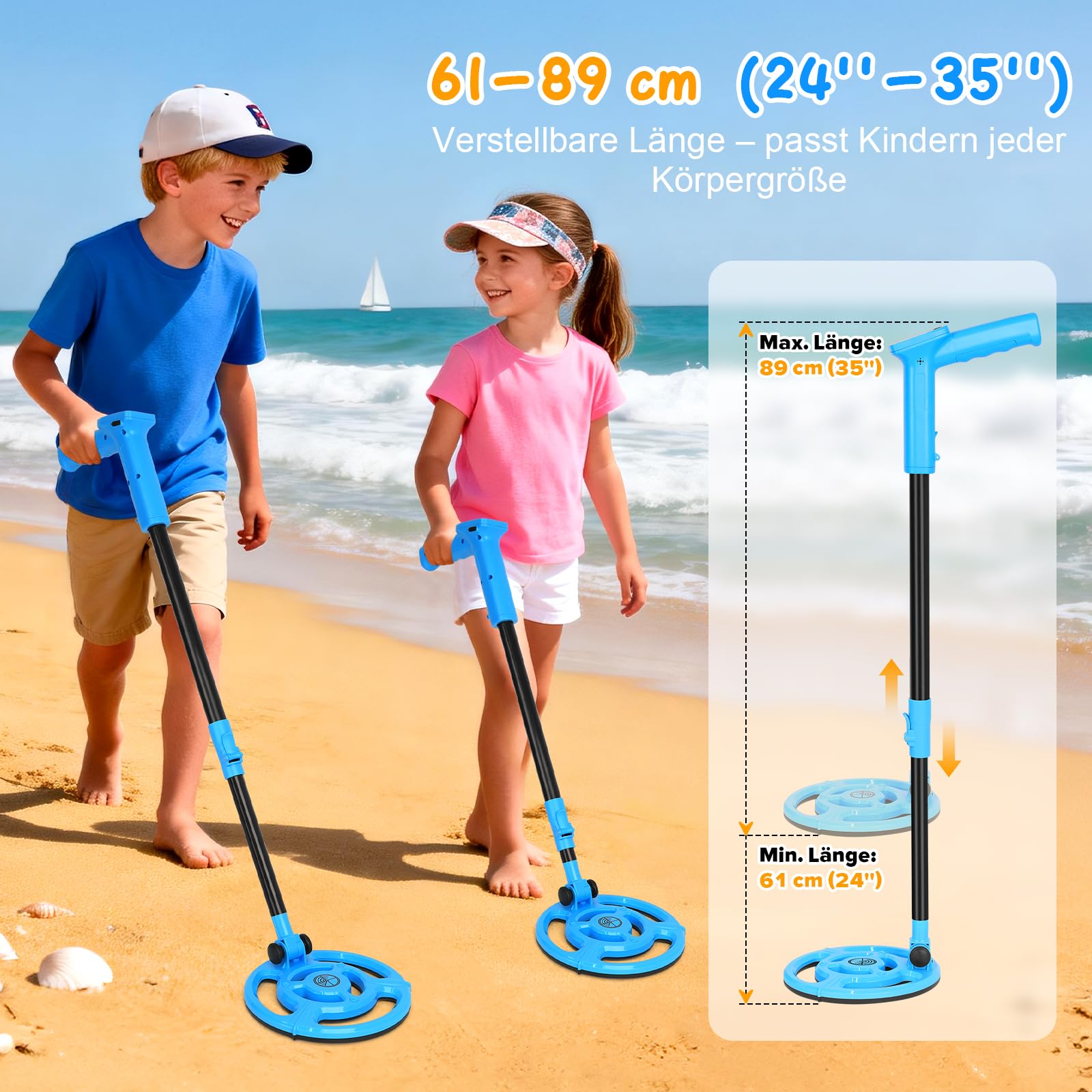 Metalldetektor Kinder, USB-wiederaufladbar Metalldetektor für Kinder, 7,36" wasserdichte Suchspule, 61-89cm Verstellbarer Griff mit LCD-Display, Strandschatzsuche Outdoor-Spielzeug für 8-12 (Blau)