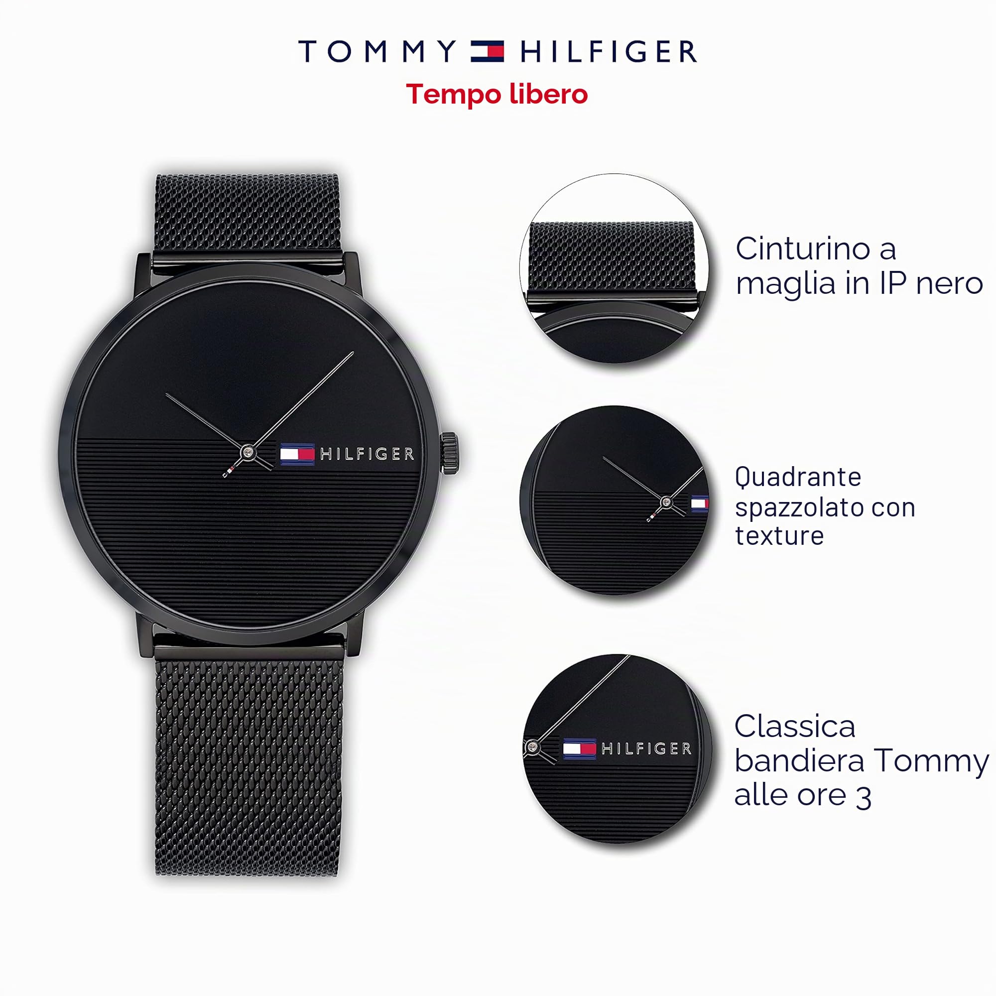 Tommy Hilfiger Orologio Analogico al Quarzo da Uomo con Cinturino in Maglia Metallica in Acciaio Inossidabile Nero - 1791464