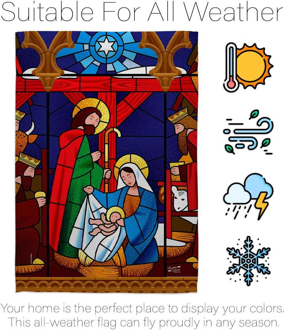 Stained Glass Nativity Garden Flag - Set Wall Holder Winter Three King Religious Holy Family Season Wintertime Christian - House Decoration Banner Small Yard Gift Double-Sided Made In USA 13 X 18.5
