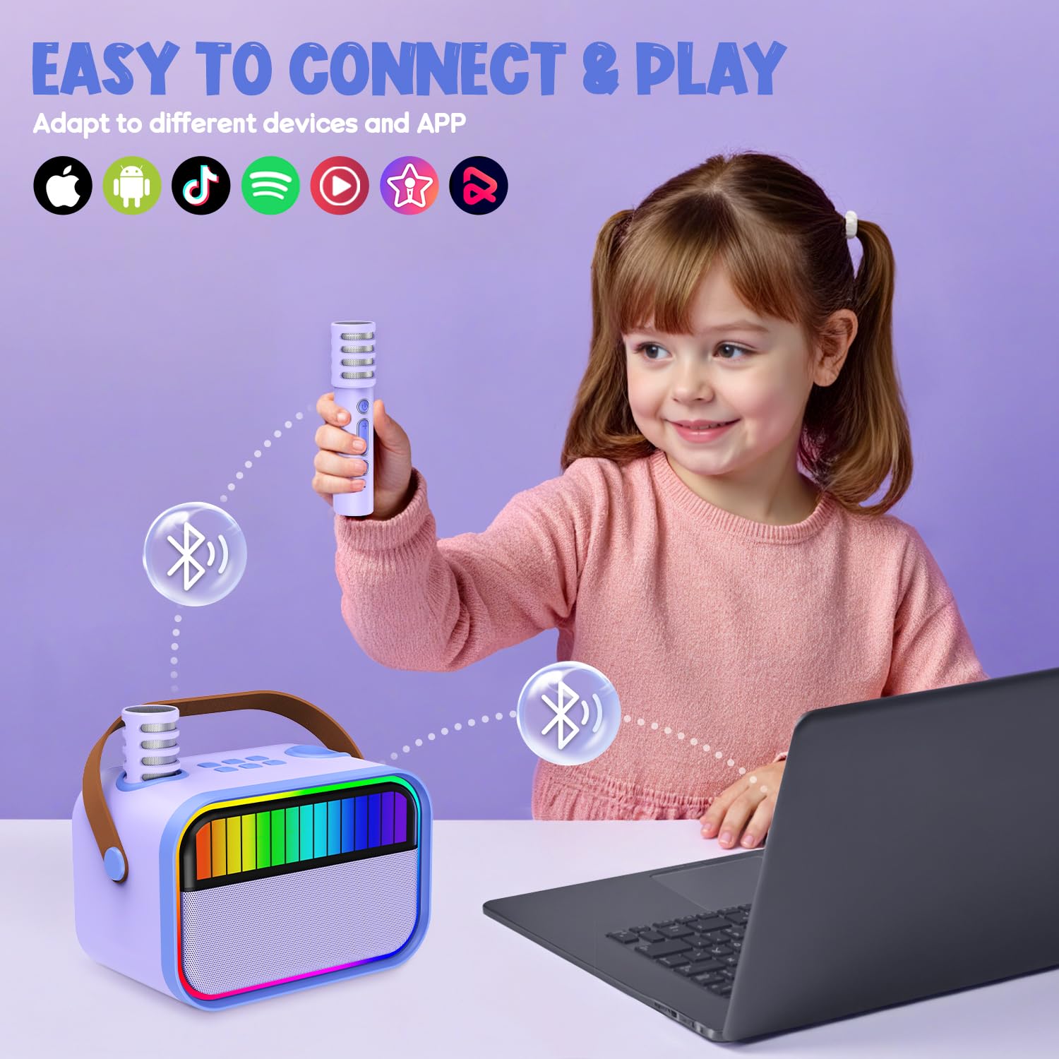 Machine de karaoké pour Enfants et Adultes, Jouets pour Enfants de 3 à 12 Ans, Cadeaux d'anniversaire pour Filles, Enceinte Bluetooth Portable avec 2 Microphones, Cadeau pour Filles (Violet)