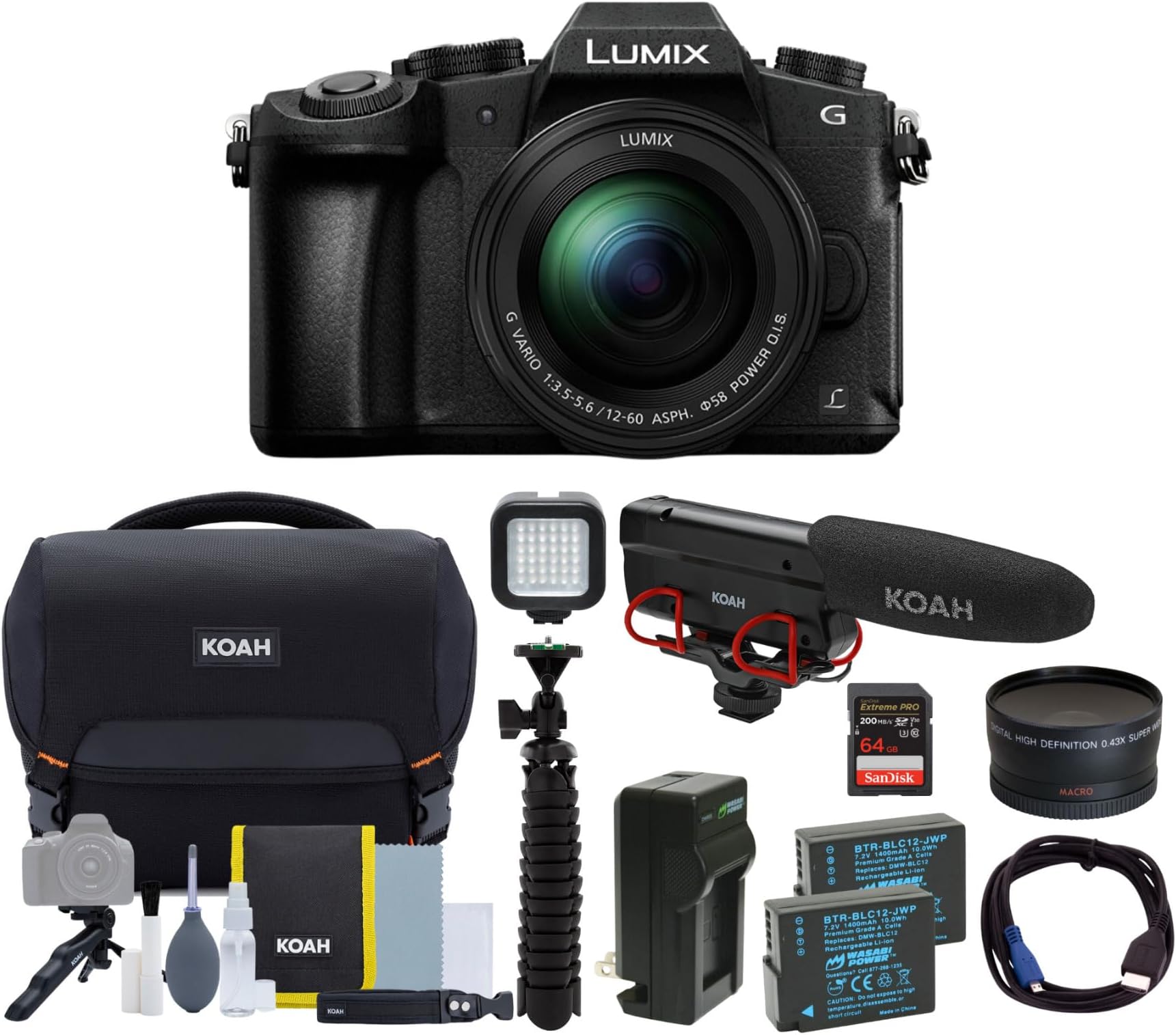 Panasonic LUMIX G85 Mirrorless Camera with 12-60mm Lens Bundle with Microphone, Accessory Kit, Battery and Dual Charger, 64GB SD Card, Tripod, 2-Piece Lens Set, Digital Flash and HDMI Cable (9 Items)
