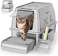 OKSOTY XL Stainless Steel Enclosed Cat Litter Box with Lid - Leak-Proof High-Sided for Big Cats, 37L Capacity, Easy Clean Scoop (Grey)