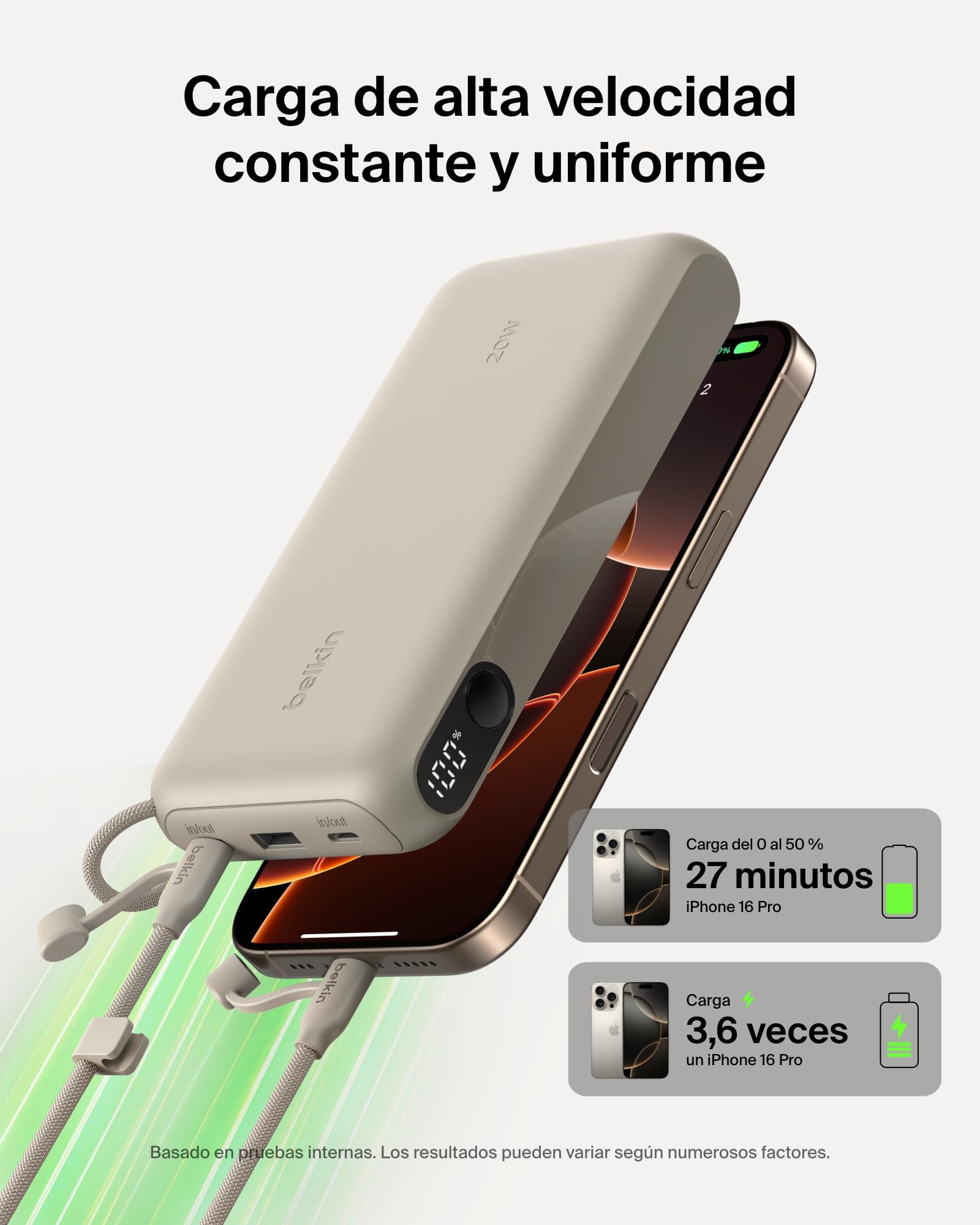 Belkin BoostCharge Batería Externa 20000 mAh con Pantalla Digital - Arena | Power Bank de 20000 mAh, 2 Puertos USB-C y 1 USB-A, 20 W, Apta como Equipaje de Mano, Precargada y Cable USB-C Extraíble