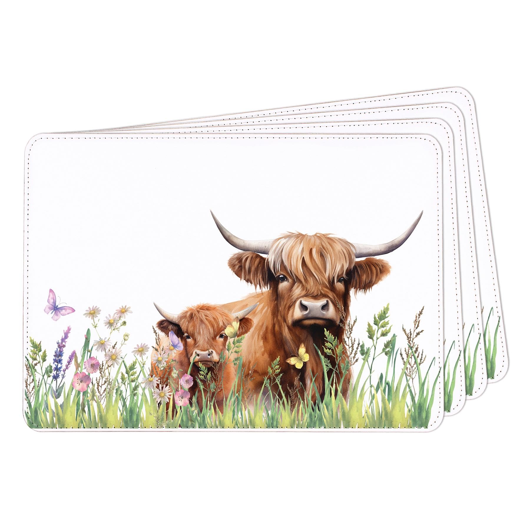 Set of 4 Faux Leather Placemats - Highland Cow & Calf - Tableware Gifts