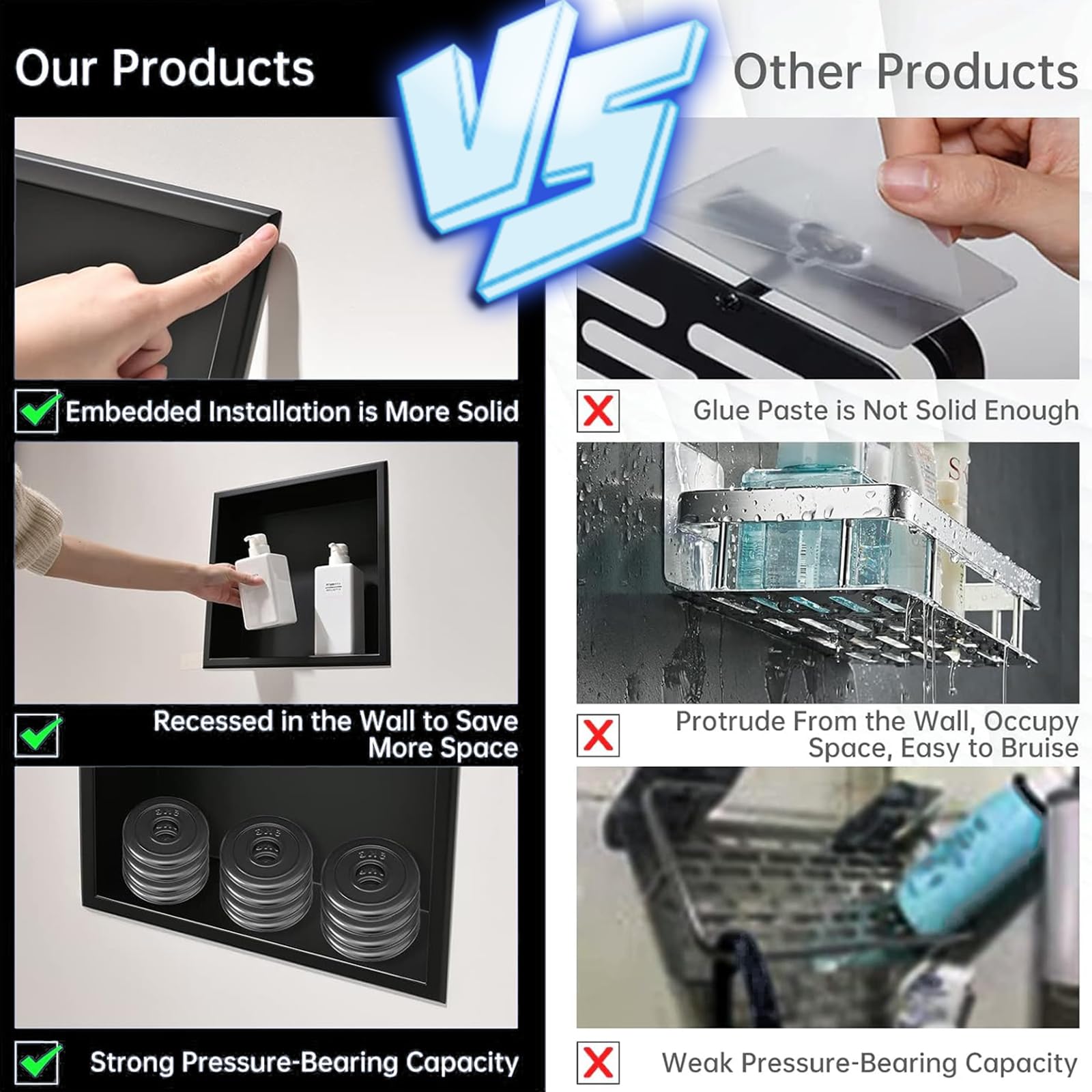 Wasserdichte Duschwandregale – integrierte Aufbewahrung aus 304 Edelstahl für Shampoo und Toilettenartikel – langlebiges Badezimmer-Nizer, platzsparendes Design