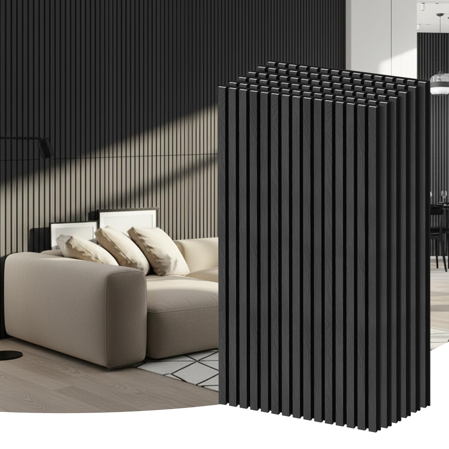 Photo 1 of RITOLLO 6-Pack Wood Slat Wall Panels, Black