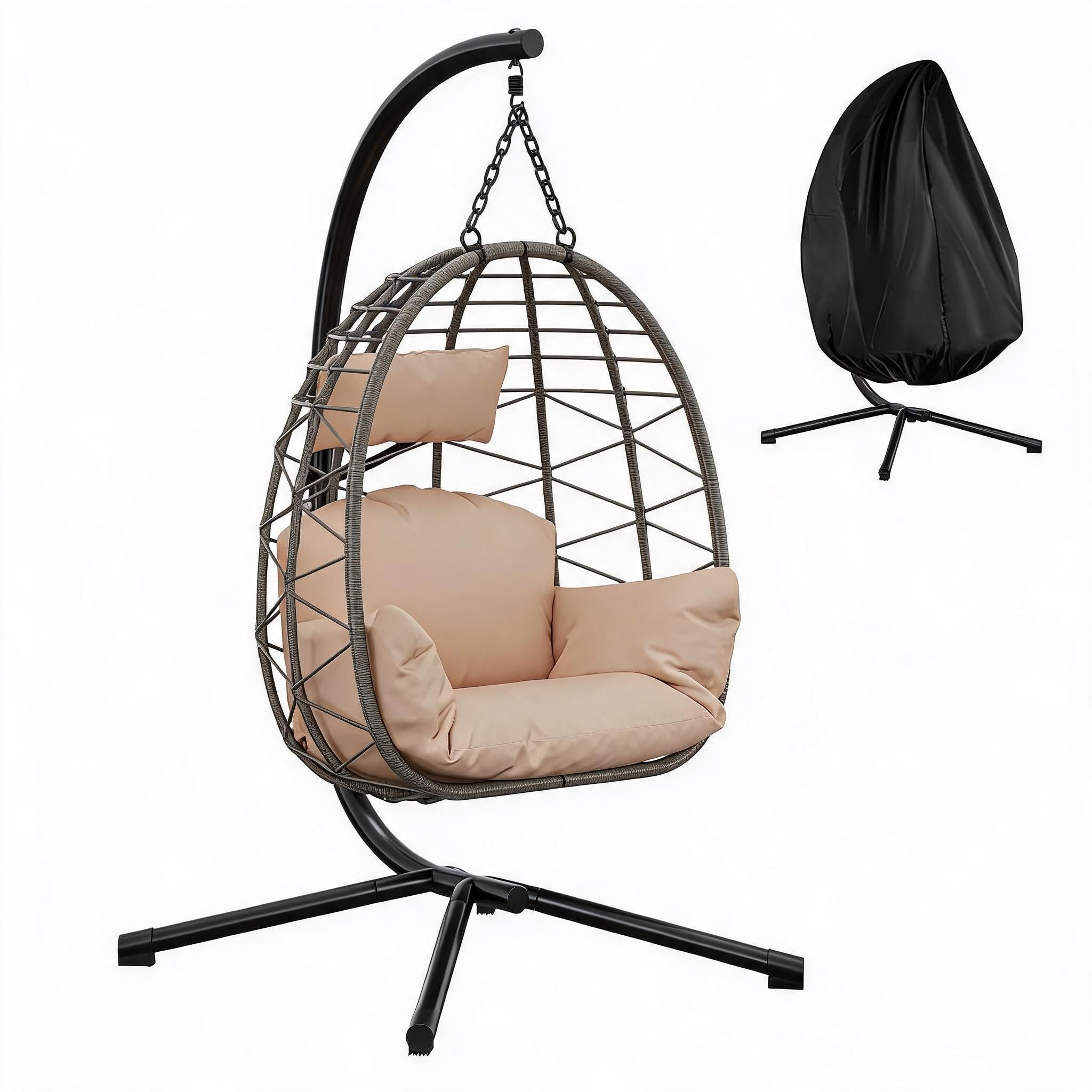 Rattan Hanging Egg Chair with Stand Collapsible Hammock Swing Seat
