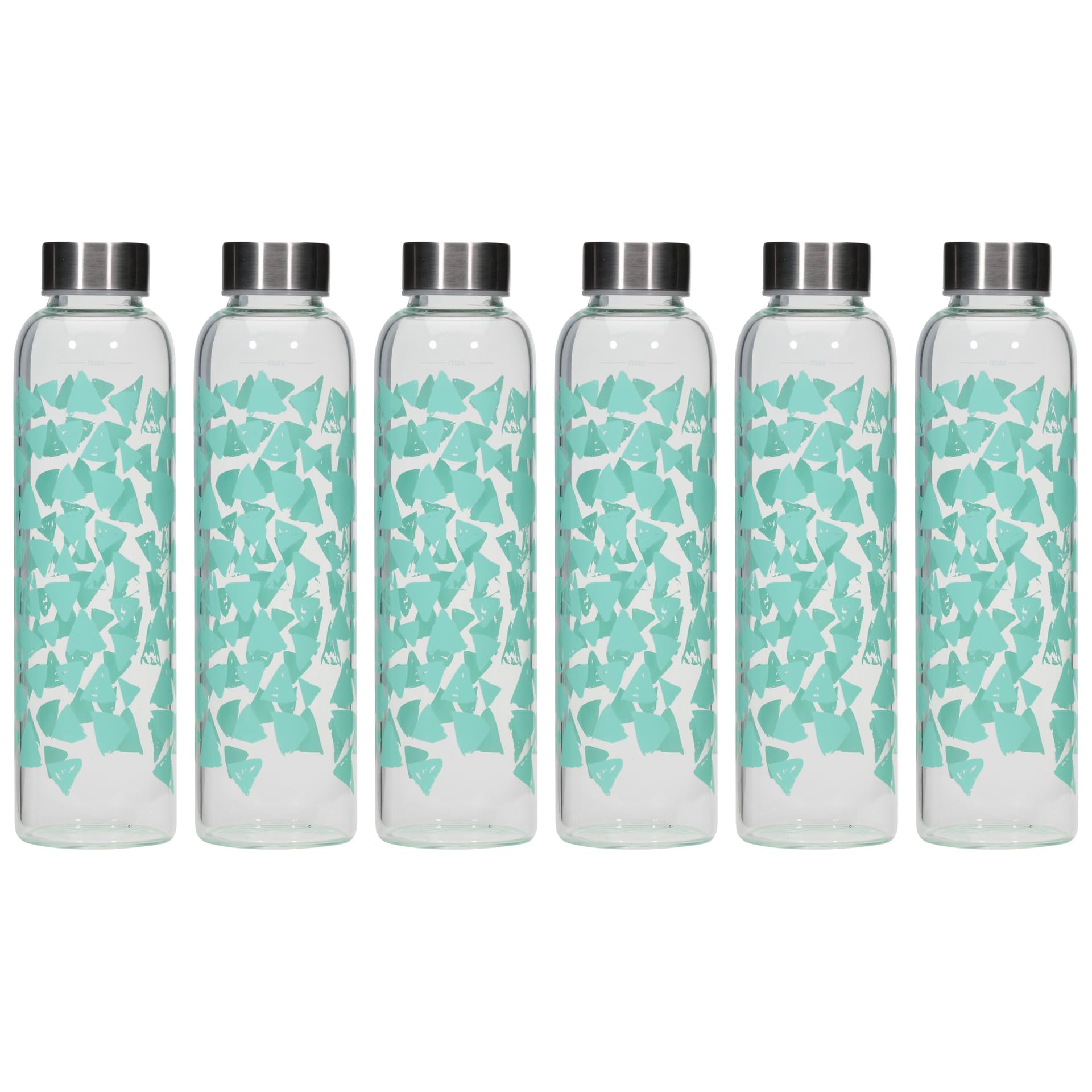 Set di 6 borracce da 500 ml Perseus turchese triangoli in vetro trasparente con coperchio in metallo