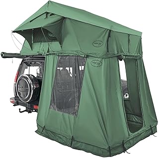 Prime Tech | Extended XL Autodachzelt mit Vorzelt | Softshell-Dachzelt mit Teleskopleiter & Matratze | Inkl. Vorzelt mit Bodenplane | 240x175 cm Liegefläche | Komfort für Camping | Grün