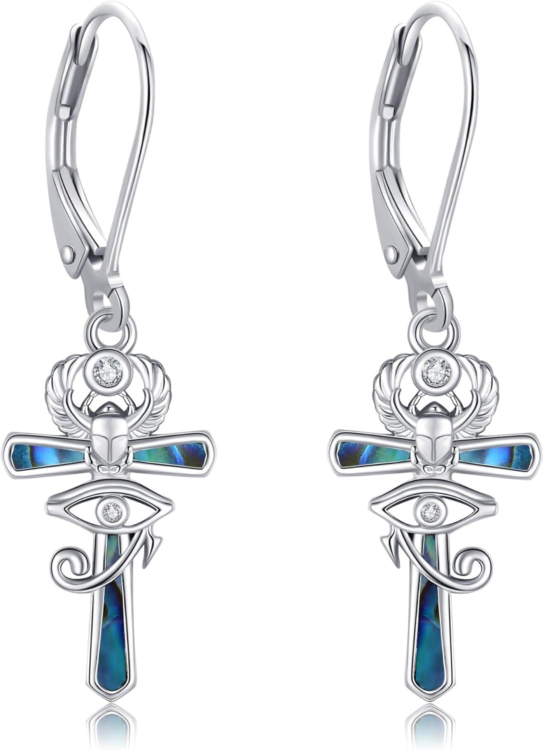 Ankh Earrings 925 Sterling Silver Abalone Shell Eye Of Horus Leverback Earrings Egyptian Mother's Day Jewelry for Women Mom
