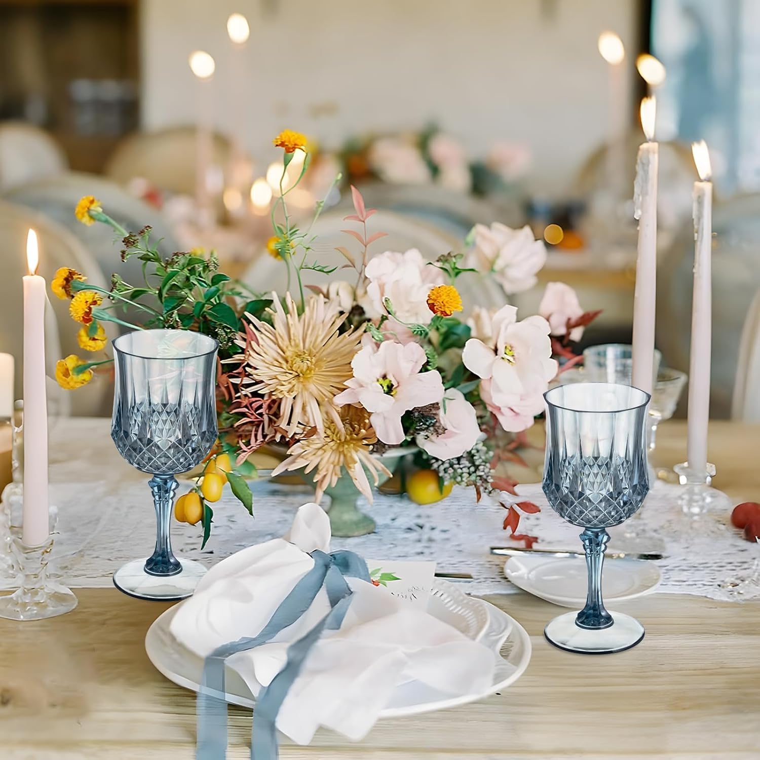 7OZ Plastic Wine Glasses, 24Pcs Blue Reusable Drinking Cups Vintage Champagne Flutes, Plastic Crystal Water Goblets for Parties Stemmed Shatterproof Drinking Glasses for Wedding, Toasting Party