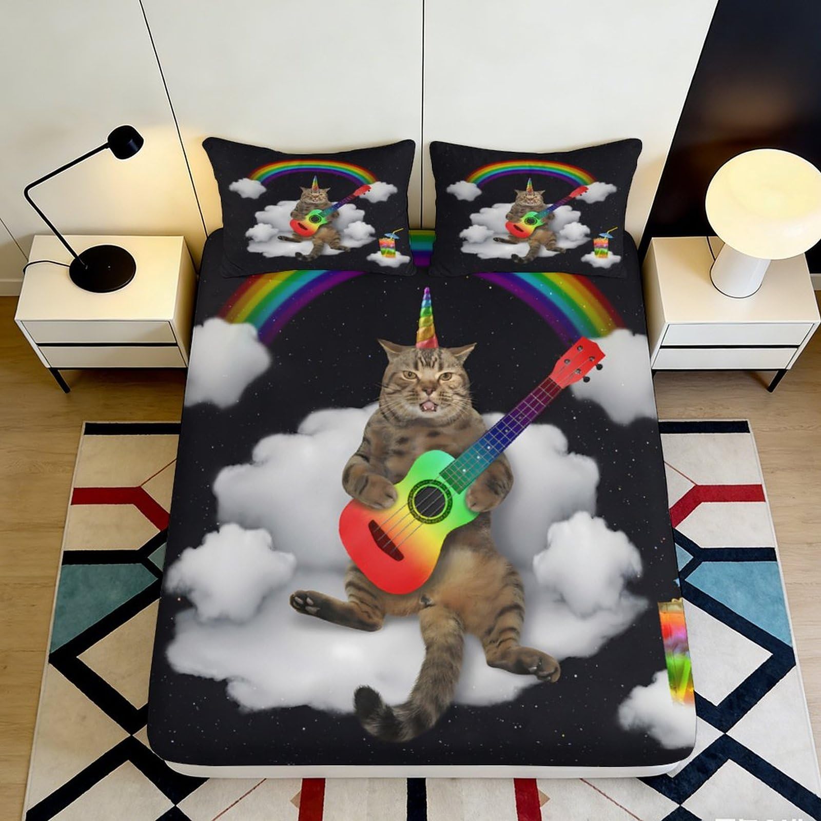 3D Printing Rainbow Cat Fitted Sheet Microfiber Deep Pocket Cloud Rainbow Cat Mattress Fitted Cover Non-Slip for Bedroom 180x200x25cm