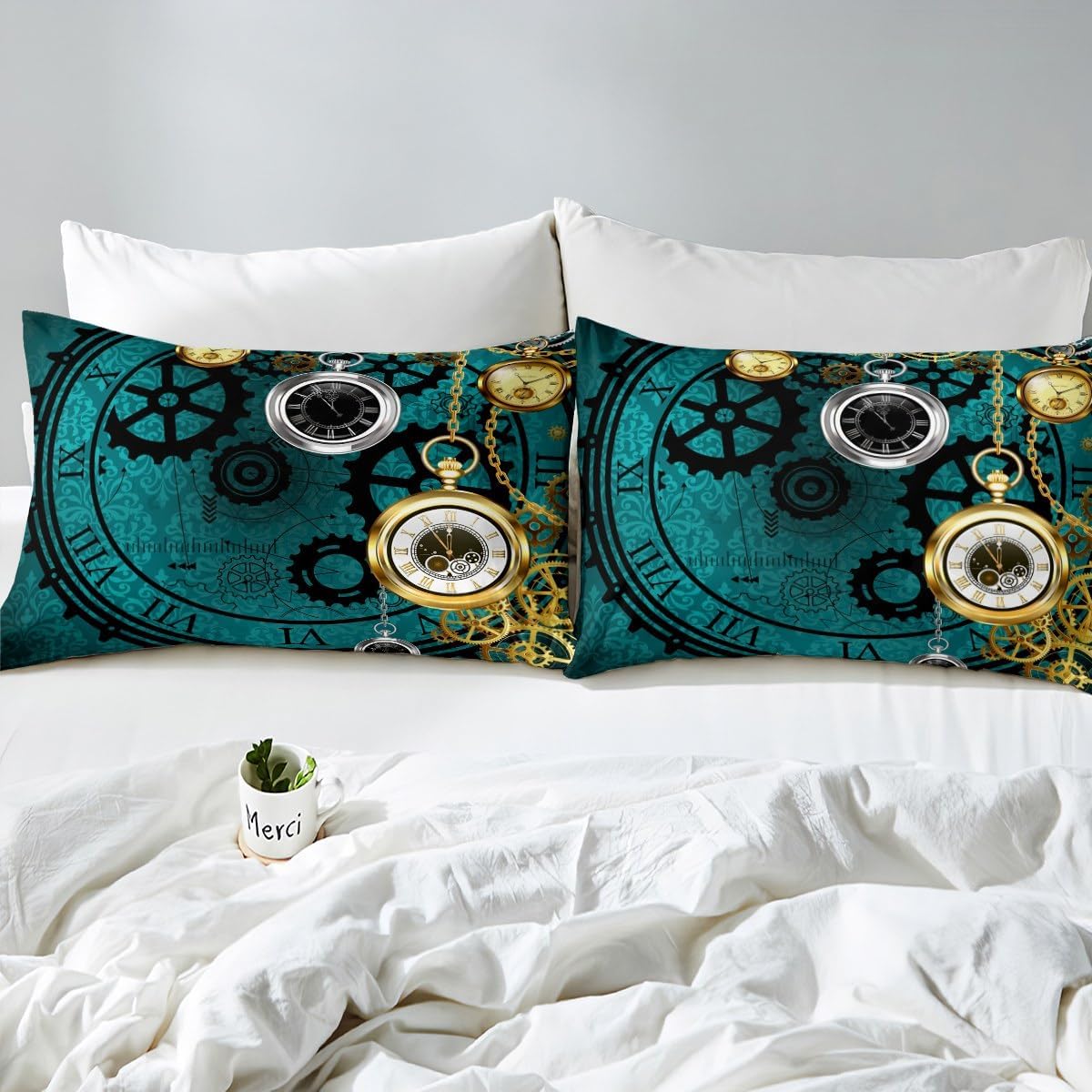 Clock Duvet Cover, Retro Steampunk Industrial Comforter Cover Vintage Watches with Roman Digits Antique Machine Time Pattern Illustration, Decorative Bedding Set with Zipper, King Size, Blue Teal