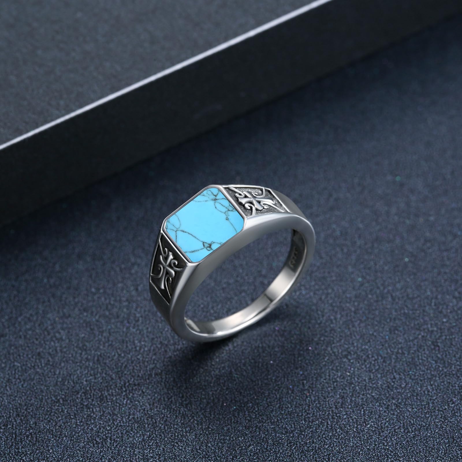 OHAYOO Anillo de sello para hombre de plata 925, anillo de esmalte negro macizo, 10 mm de ancho, joyería celta para hombre, papá, novio, marido