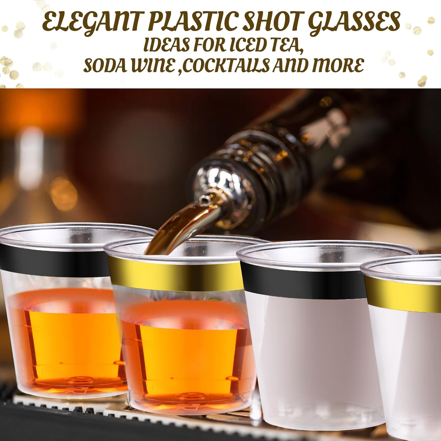 100 Pack 1oz Gold Black Rimmed Plastic Shot Glasses Mini Plastic Wine Drinking Shot Cups Clear Disposable Party Cups Tasting Sample Containers for Christmas New Year Engagement Whiskey - Image 6