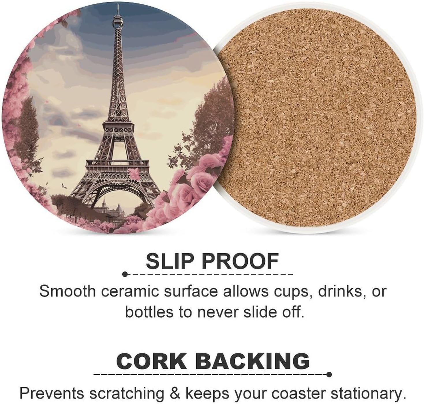 Paris Eiffel Tower Flower Coasters Round Coasters Set Ceramic Stone Coaster with Cork Base Coffee Cup Beverage Cup Mat Cute Funny Table Drinks Coaster for Mugs and Cups Office Kitchen