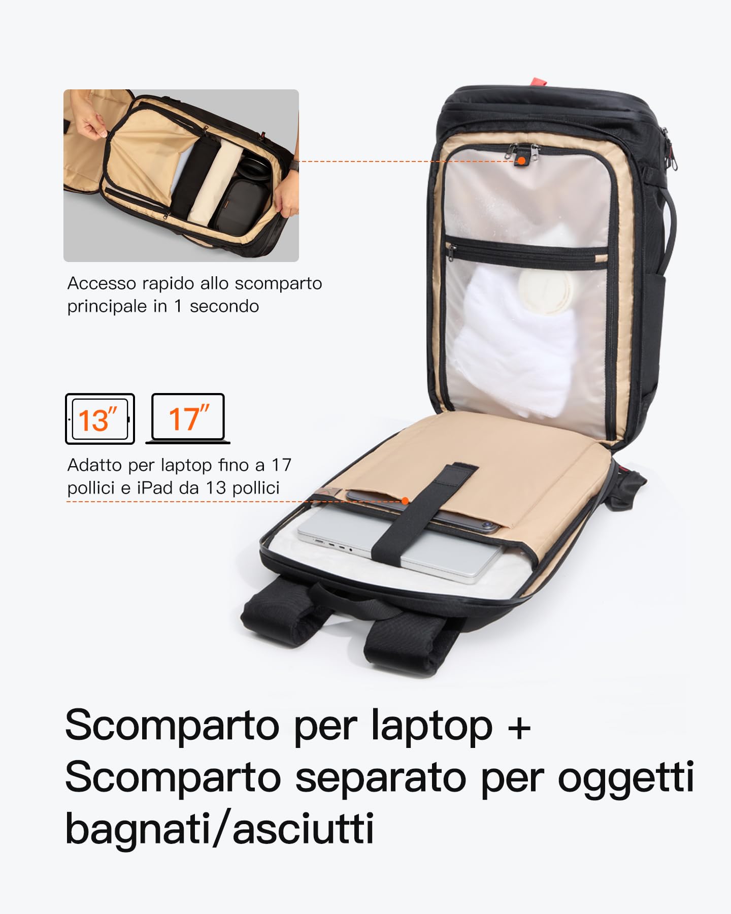 Inateck Zaino da Viaggio 40L, Accesso Rapido TSA, Bagaglio a Mano Business, 7 Scomparti Modulari, Resistente all’Acqua, Antifurto, Materiali Sostenibili, Ottimo per Viaggi e Trasferte di Lavoro