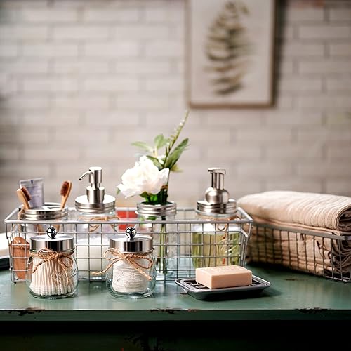 Miniatura 4 de Juego de accesorios de baño Mason Jar (6 piezas)  Dispensador de jabón espumoso, soporte para cepillos de dientes, soporte para Qtip, tarros de