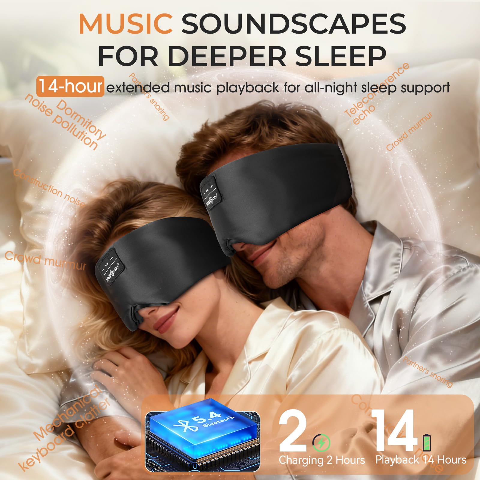 MUSICOZY Máscara de seda para dormir, con auriculares, seda de morera pura, 100 % opaco, máscara de ojos profundos 3D con auriculares