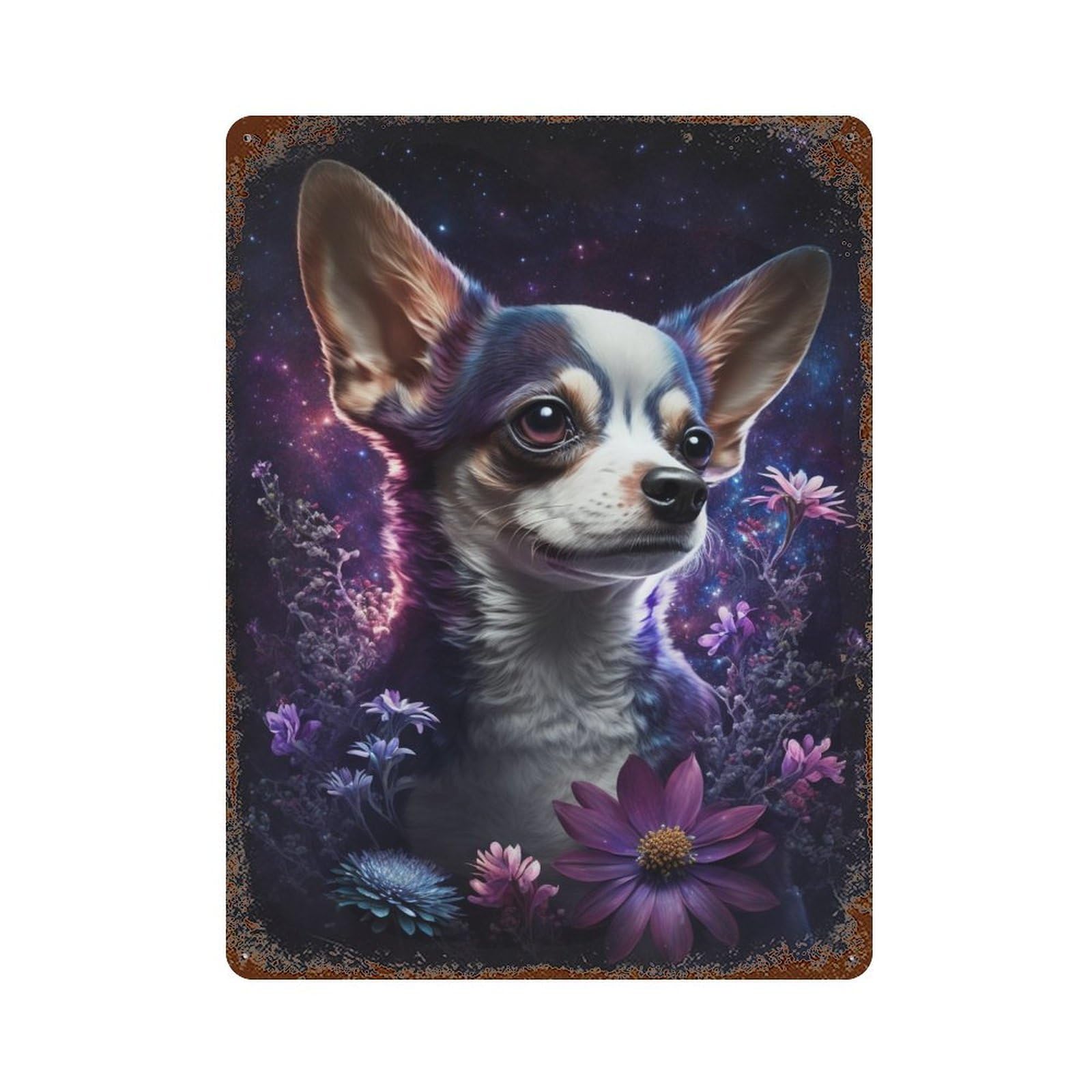 Chihuahua in Space Flowers Distressed Metal Wall Sign 15.7"x11.8", Industrial Home Decor for Garage, Pub Or Kitchen