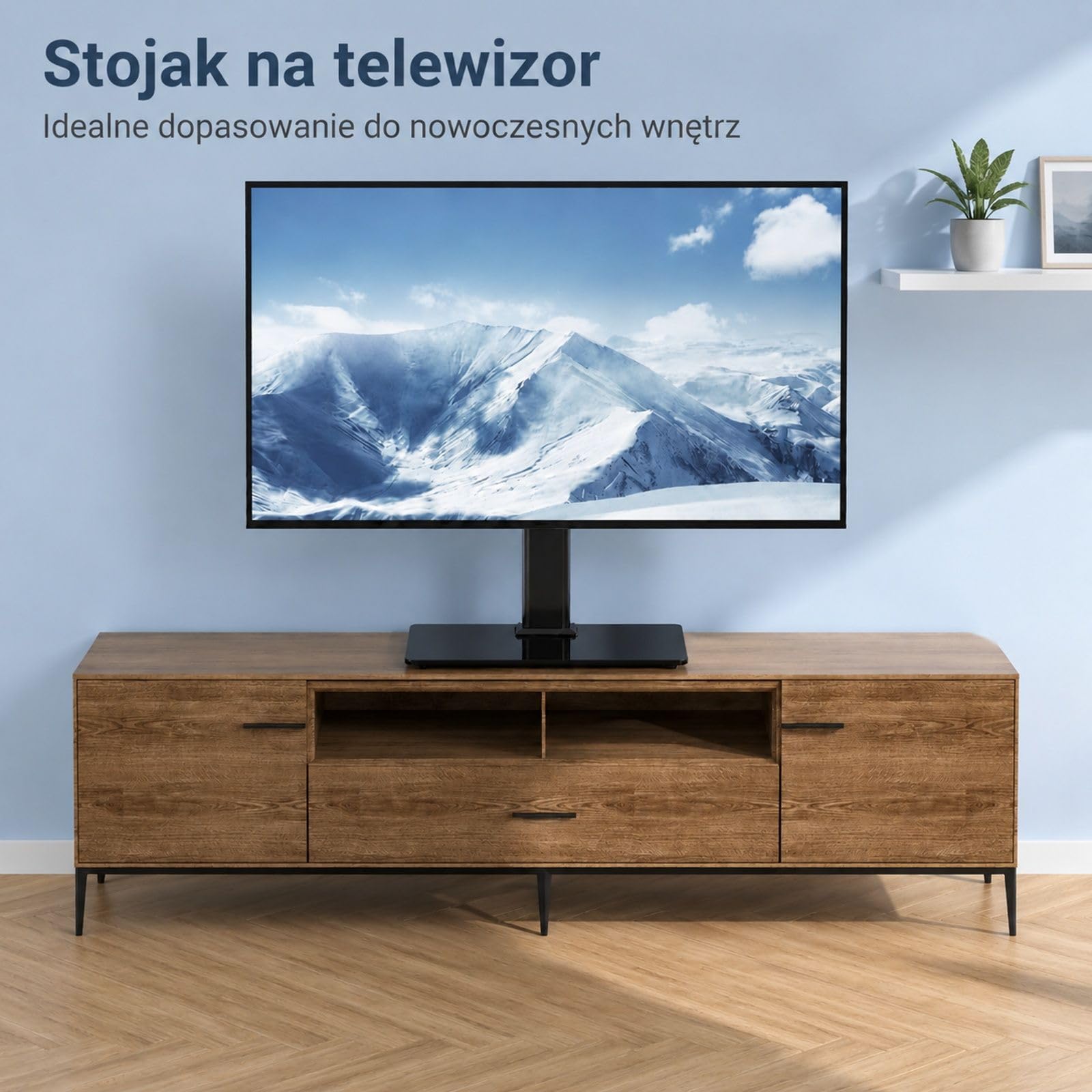 Uniwersalny stojak pod telewizor na kółkach, obrotowy i z regulacją wysokości, z systemem prowadzenia kabli