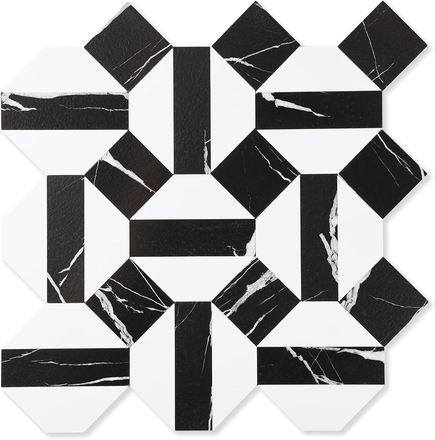 10-Sheets Peel and Stick Backsplash Tiles, PVC Marble Mixed Metal Look,Heat Resistant Stick on Tiles for Kitchen Wall,Bathroom,Laundry Room (Black Marquina & Polished White)