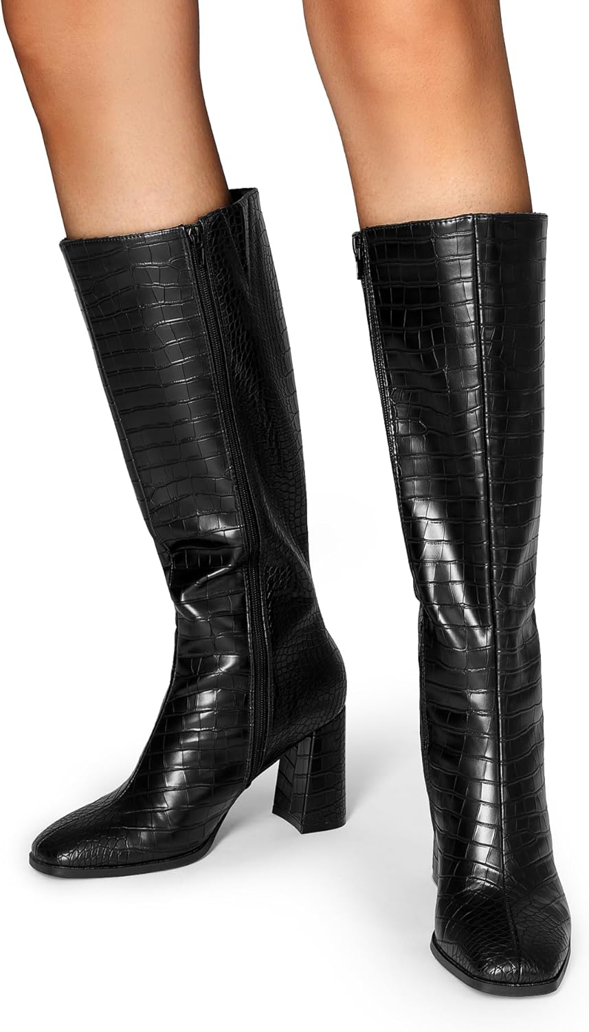 DREAM PAIRS Knee High Boots for Women Square Toe Gogo Chunky Heel Tall Boot Fashion Side Zipper Long Boot - Image 6