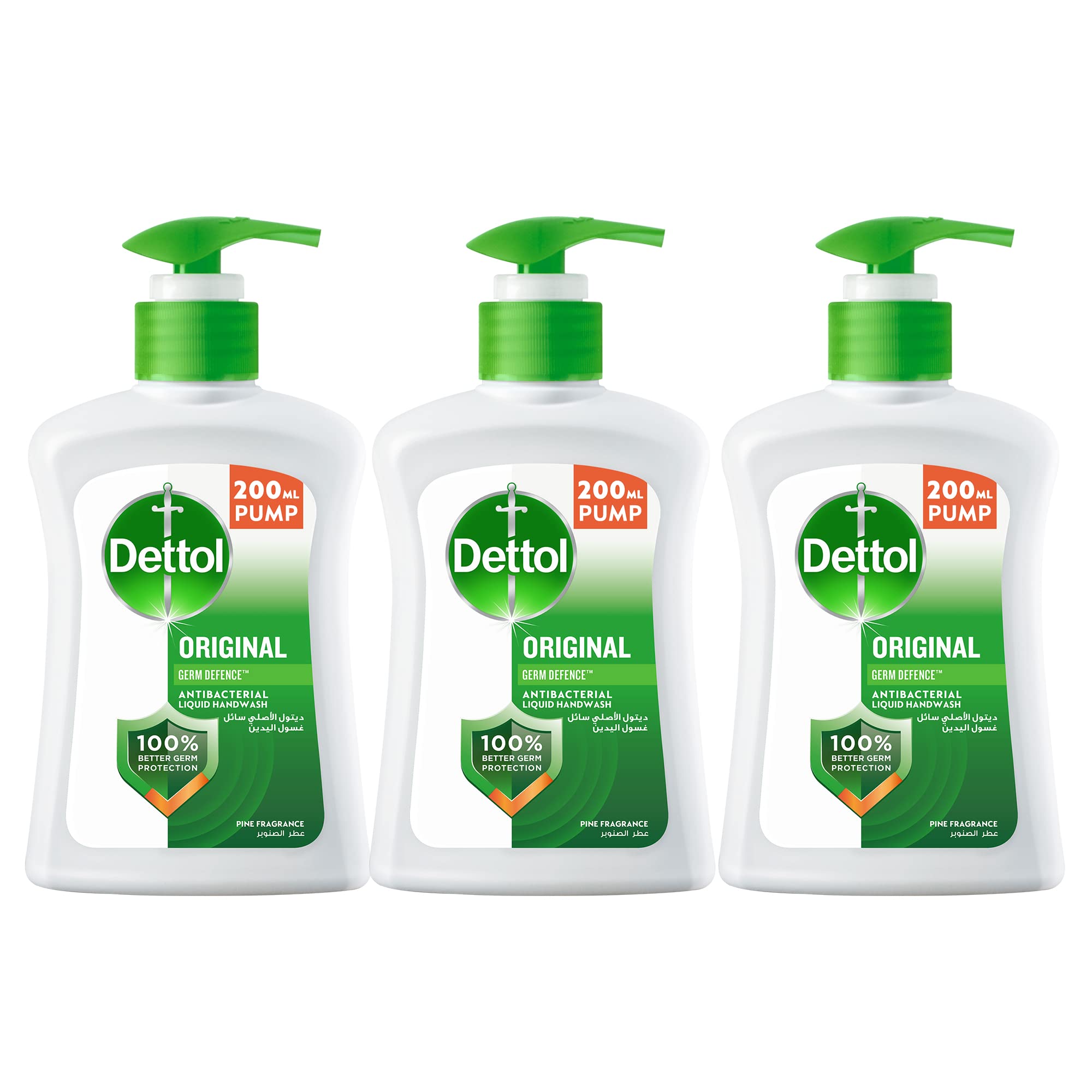 DettolLiquid Handwash Dispenser Bottle Pump (Pack of 3 - 200ml each)- Original Hand Wash | Germ Defence Formula | 10x Better Germ Protection