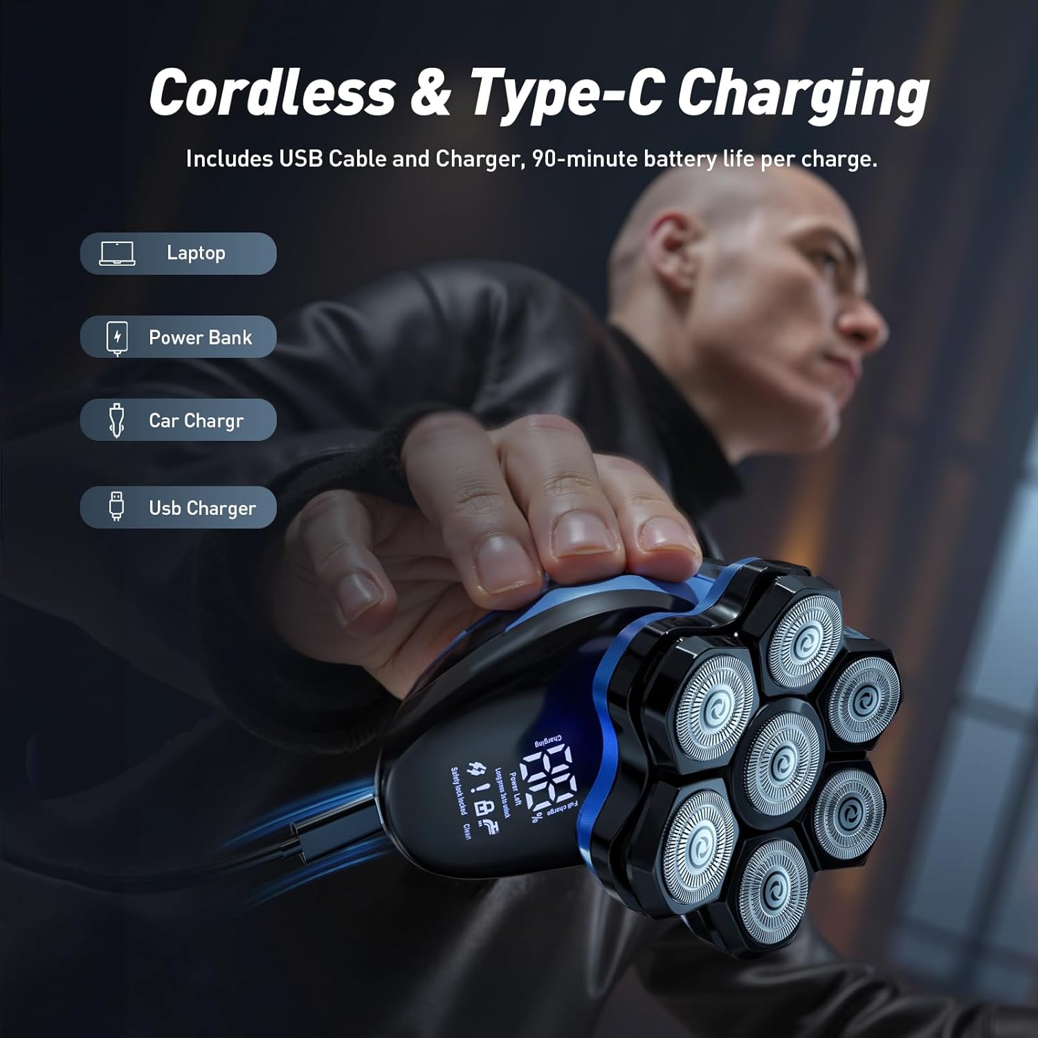 Head Shavers for Bald Men: 7D Detachable Electric Razor - IPX6 Waterproof Wet Dry Rotary Shavers - LED Display Rechargeable Head Shaving with Fast Charging, Deep Blue - Image 4