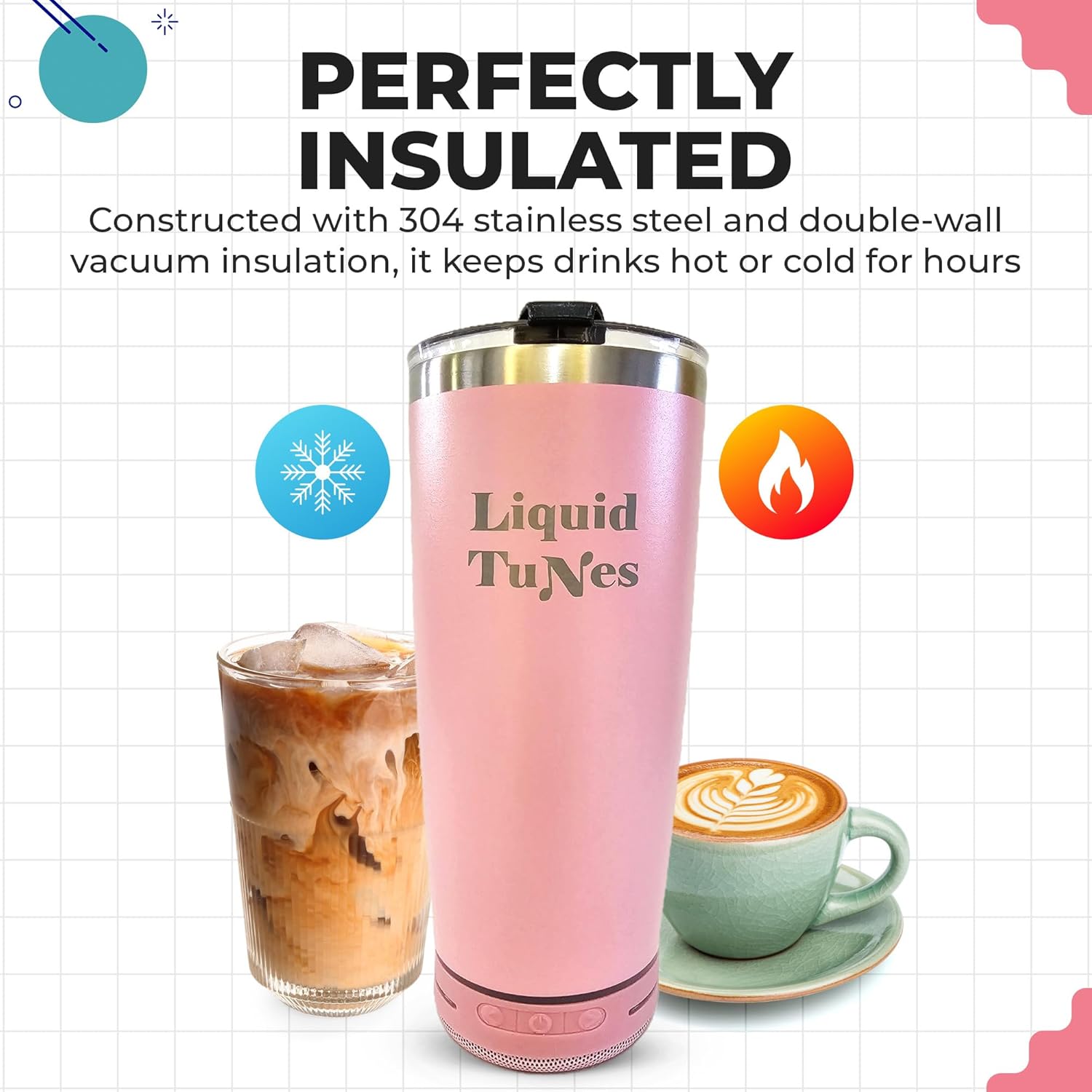Liquid TuNes Stainless Steel Tumbler with Wireless Music Speaker, 20 oz Tumbler with Double-Wall Vacuum Insulation and Detachable Speaker (Pink) - Image 4