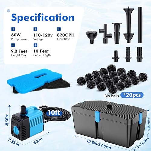 Miniatura 7 de Filtro de estanque con kits de bomba de fuente, bomba de estanque de 60 W y kit de filtro con bomba de agua sumergible flujo ajustable