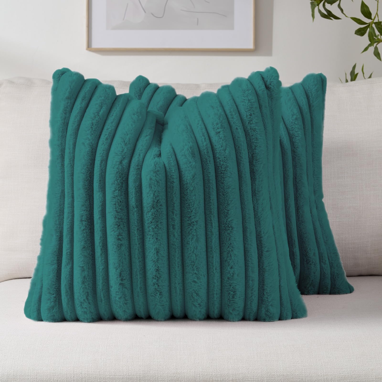 FUTEI Set of 2 Fluffy Faux Fur 40x40 cm Cushion Covers Double Sided Soft Plush Striped Textured Scatter Pillow Covers 40 x 40 cm Modern Accent for Sofa Bed Living Room, Teal
