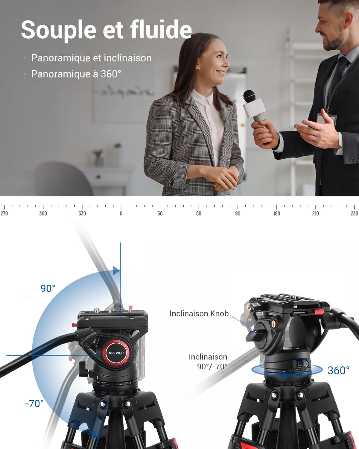 NEEWER Trépied Vidéo Pro 74 pouces avec Tête Fluide, Plaque QR Compatible avec DJI RS Gimbal, Trépied Robuste avec Poignée Télescopique Base d'Escalade pour DSLR, Max. 17,6 lb/8 kg, TP74