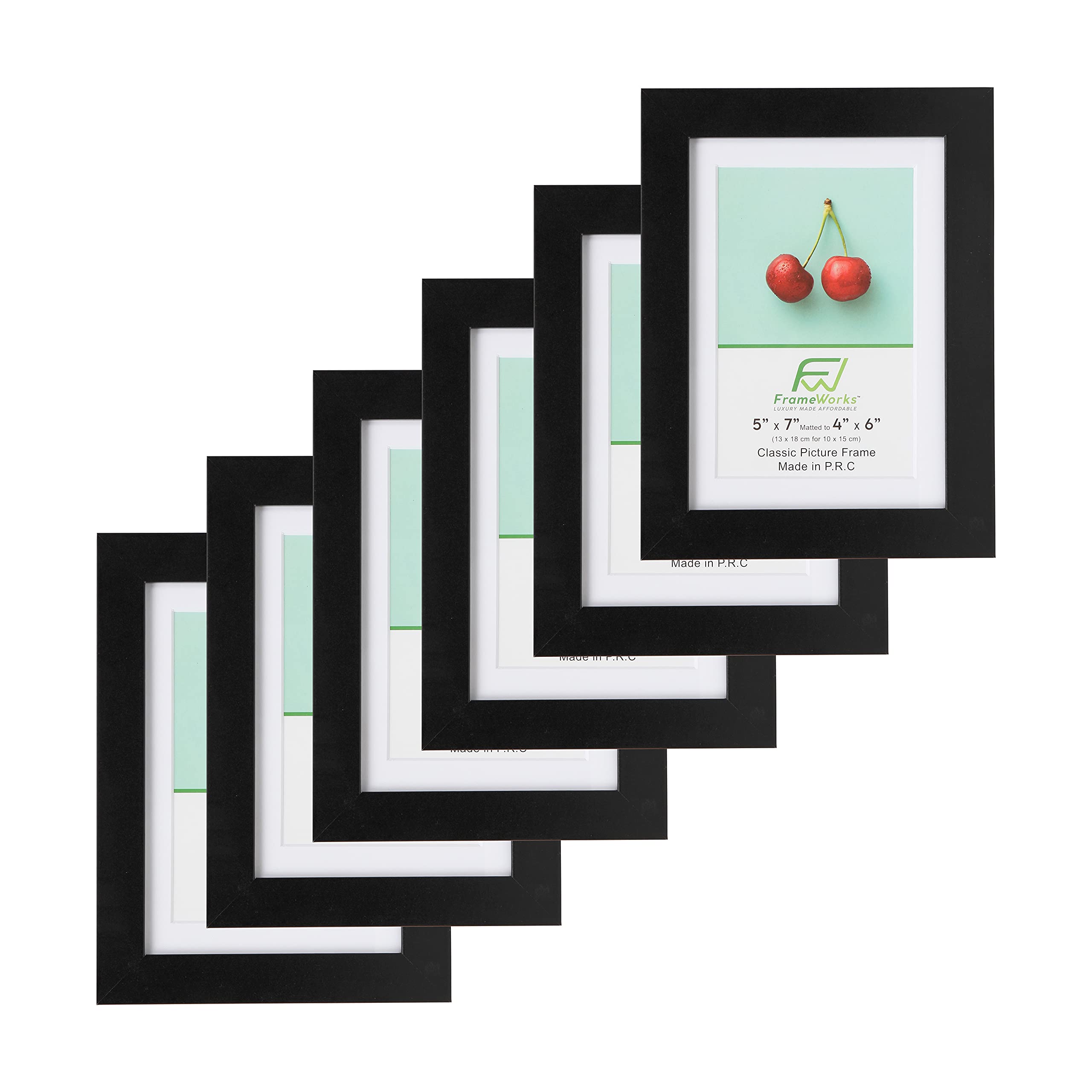 FrameWorks 5x7 mat to 4x6 Classic Wooden Picture Frames With Tempered Glass | Black | 6-Pack