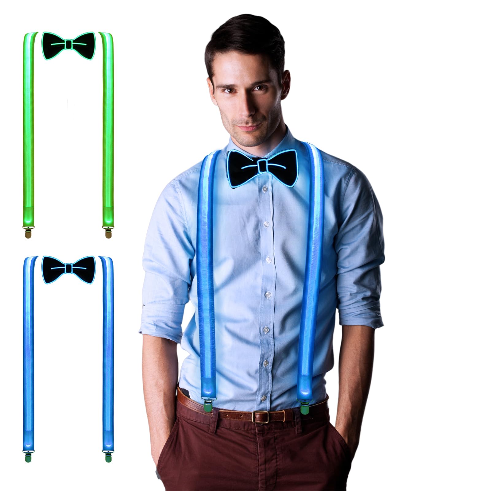 VAIPILight Up Suspenders and LED Bow Tie for Men Novelty Bowtie Neon Rave Party Outfit
