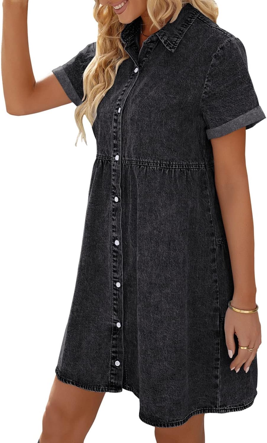 LookbookStore Women's Short Sleeve Button Down Flowy Tiered Babydoll Denim Dress - Image 2