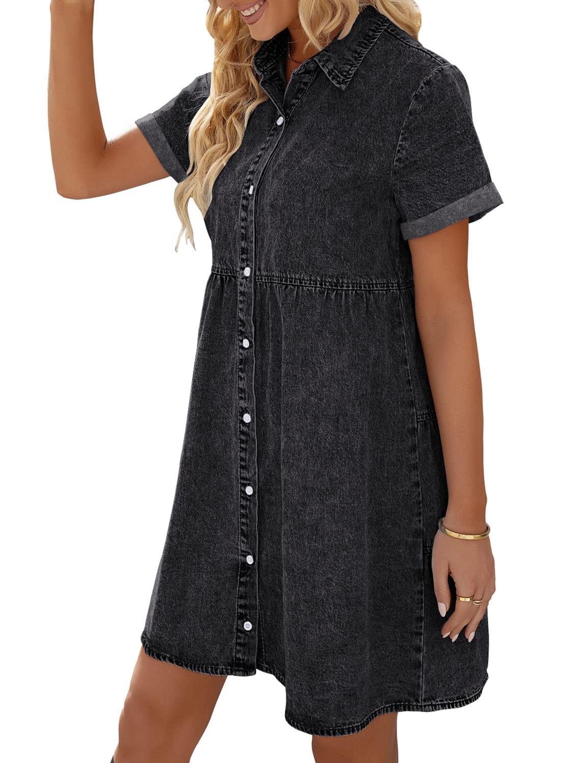 LookbookStore Women's Short Sleeve Button Down Flowy Tiered Babydoll Denim Dress