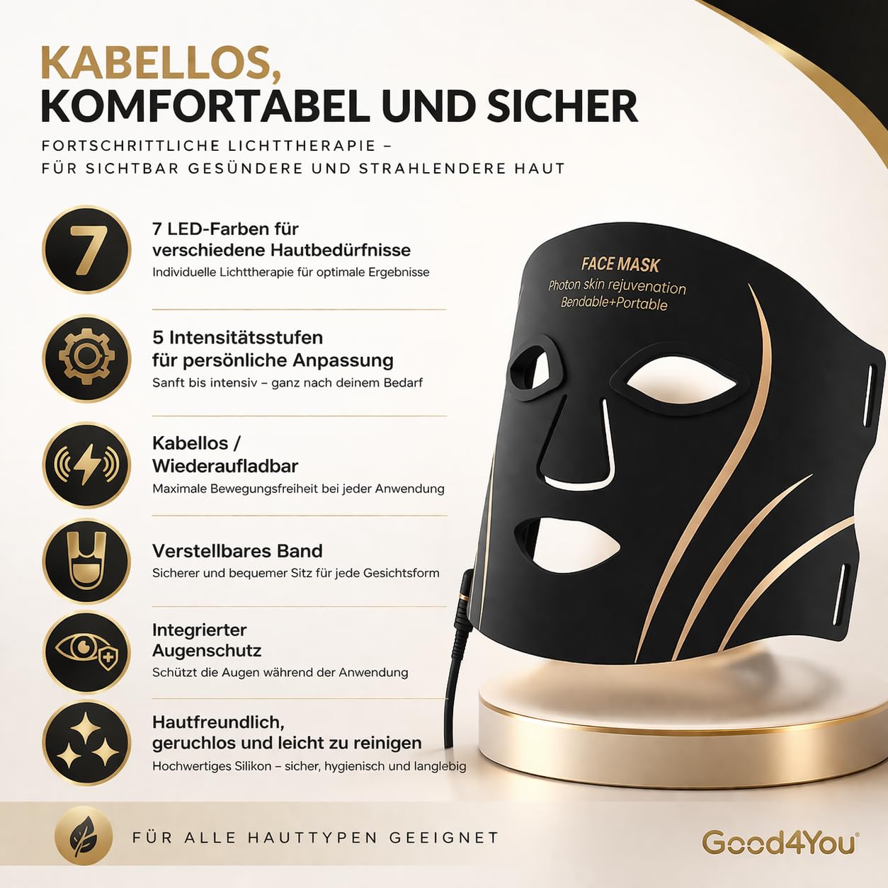 LED Lichttherapie Gesichtsmaske mit 7-Farben, Wiederaufladbare Fernbedienung Nahinfrarotlicht Kabellose Falten & Hautverjüngung Hautpflege für zu Hause