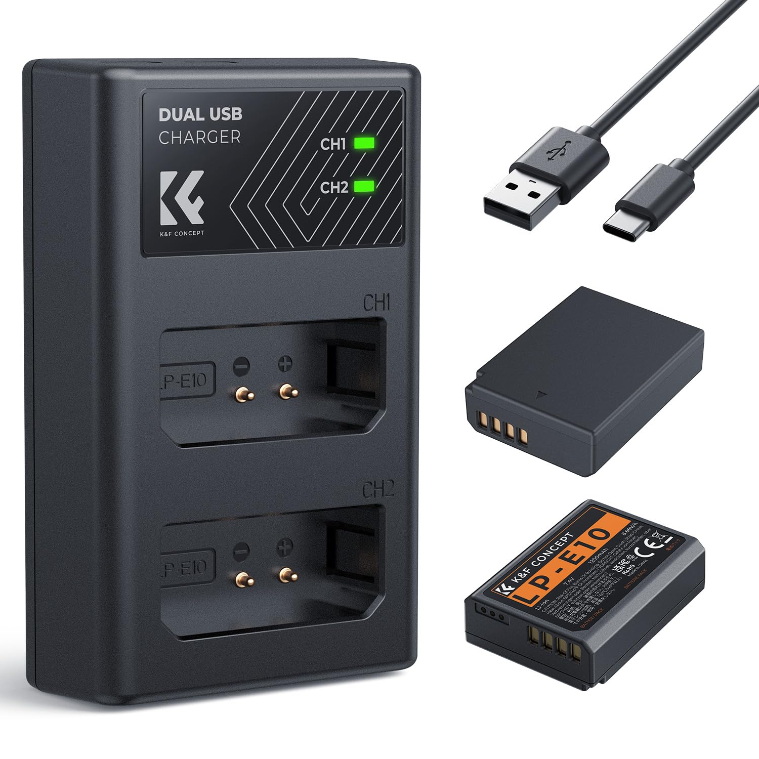 K&F CONCEPT LP-E10 Akku mit Dual-Slot-Ladegerät, Ersatzakku(2×12000mAh) kompatibel mit Canon 1100D, 1200D, 1300D, 1500D, 2000D, 3000D, EOS Kiss X50, X70, X80, X90, Rebel T3, T5, T6, T100