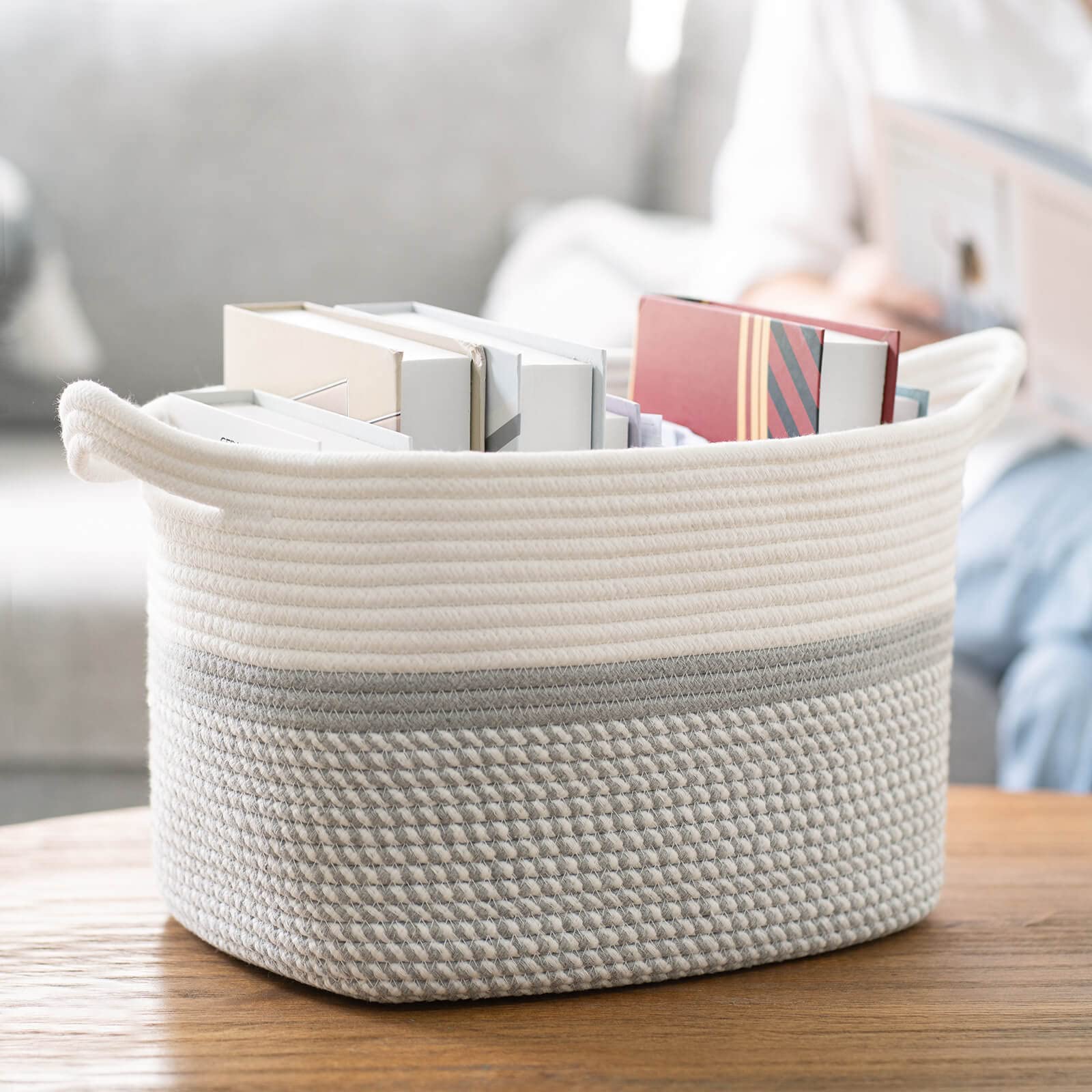 CHICVITA Cestino rettangolare in corda di iuta con manici per libri, riviste, giocattoli, cestino decorativo rettangolare per cameretta dei bambini, soggiorno, bagno