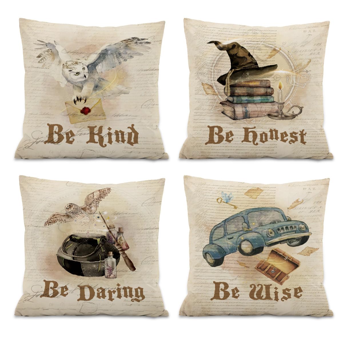 Be Kind Be Honest Be Daring Be Wise Throw Pillow Covers,Watercolor Owl Grimoire Car Decorate Pillow Covers,Magical Girls Room Decor 18x18 Inch Pillowcase Set of 4